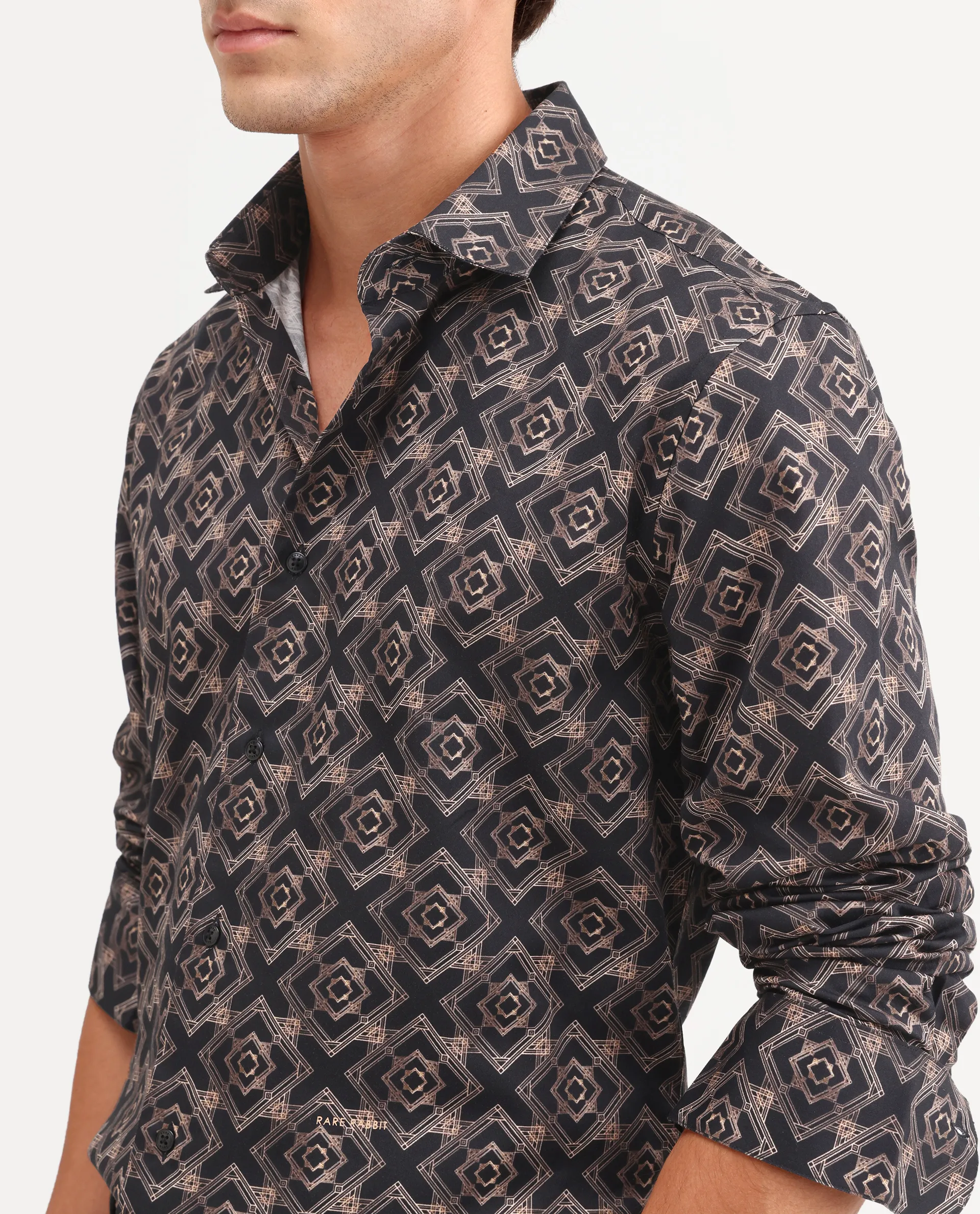 Rare Rabbit Men's Lacy Black Cotton Fabric Full Sleeve Spread Collar Button Regular Fit Geometric Print Shirt - Image 3