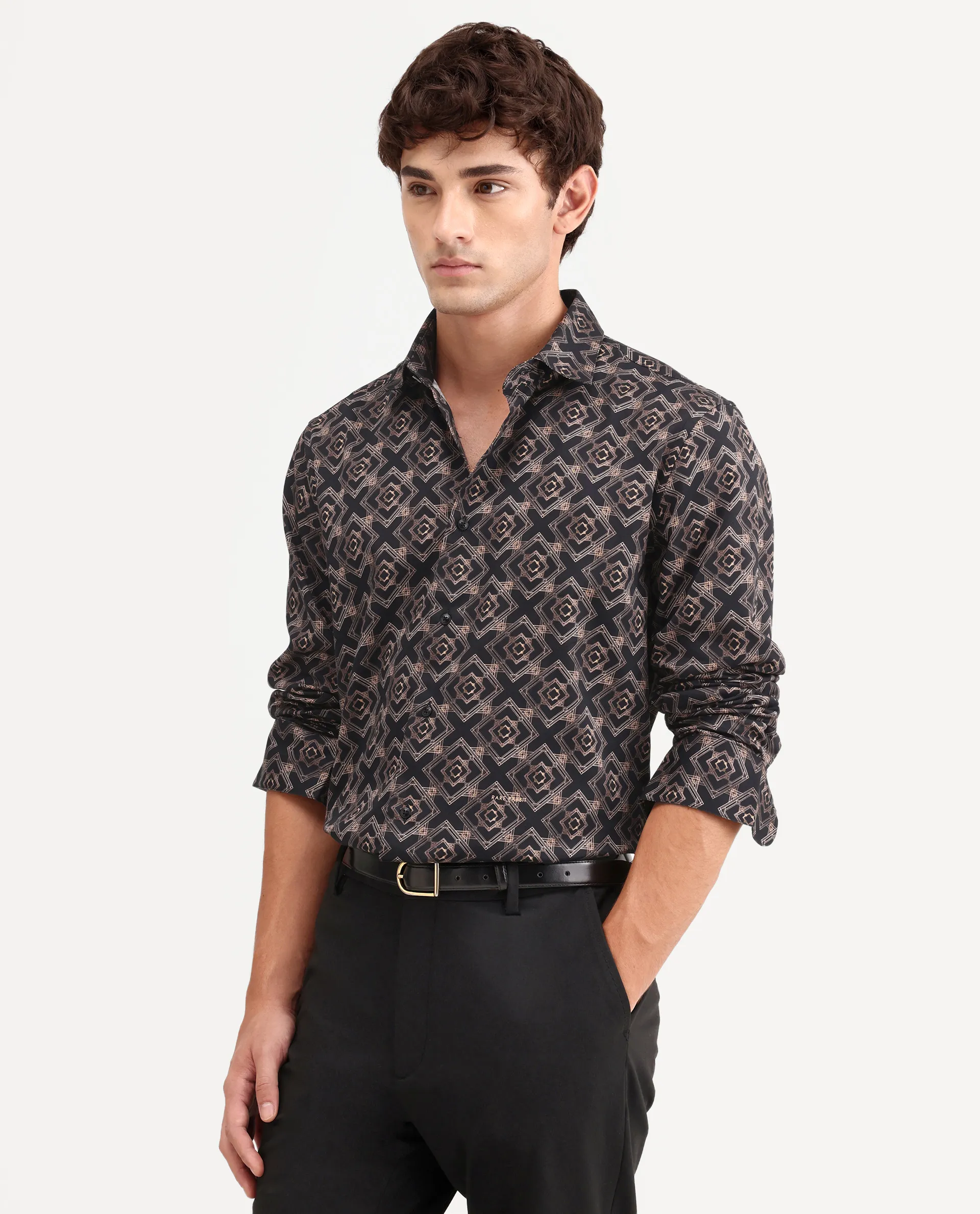 Rare Rabbit Men's Lacy Black Cotton Fabric Full Sleeve Spread Collar Button Regular Fit Geometric Print Shirt - Image 4