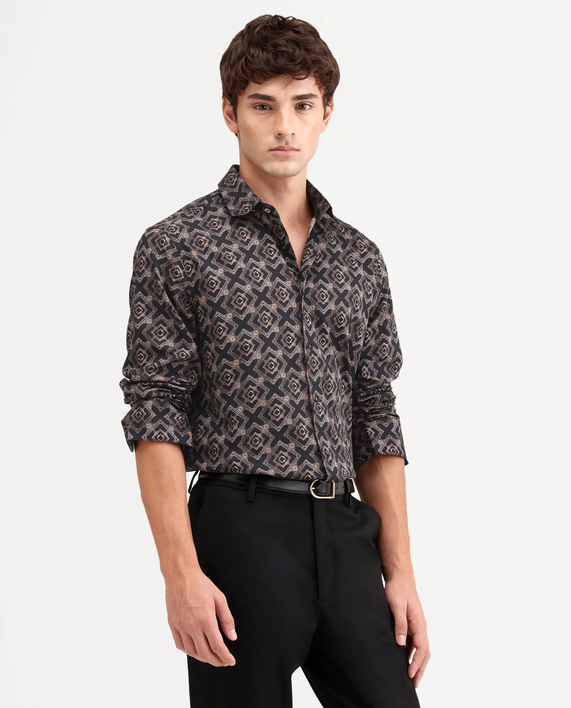 Rare Rabbit Men's Lacy Black Cotton Fabric Full Sleeve Spread Collar Button Regular Fit Geometric Print Shirt - Image 5
