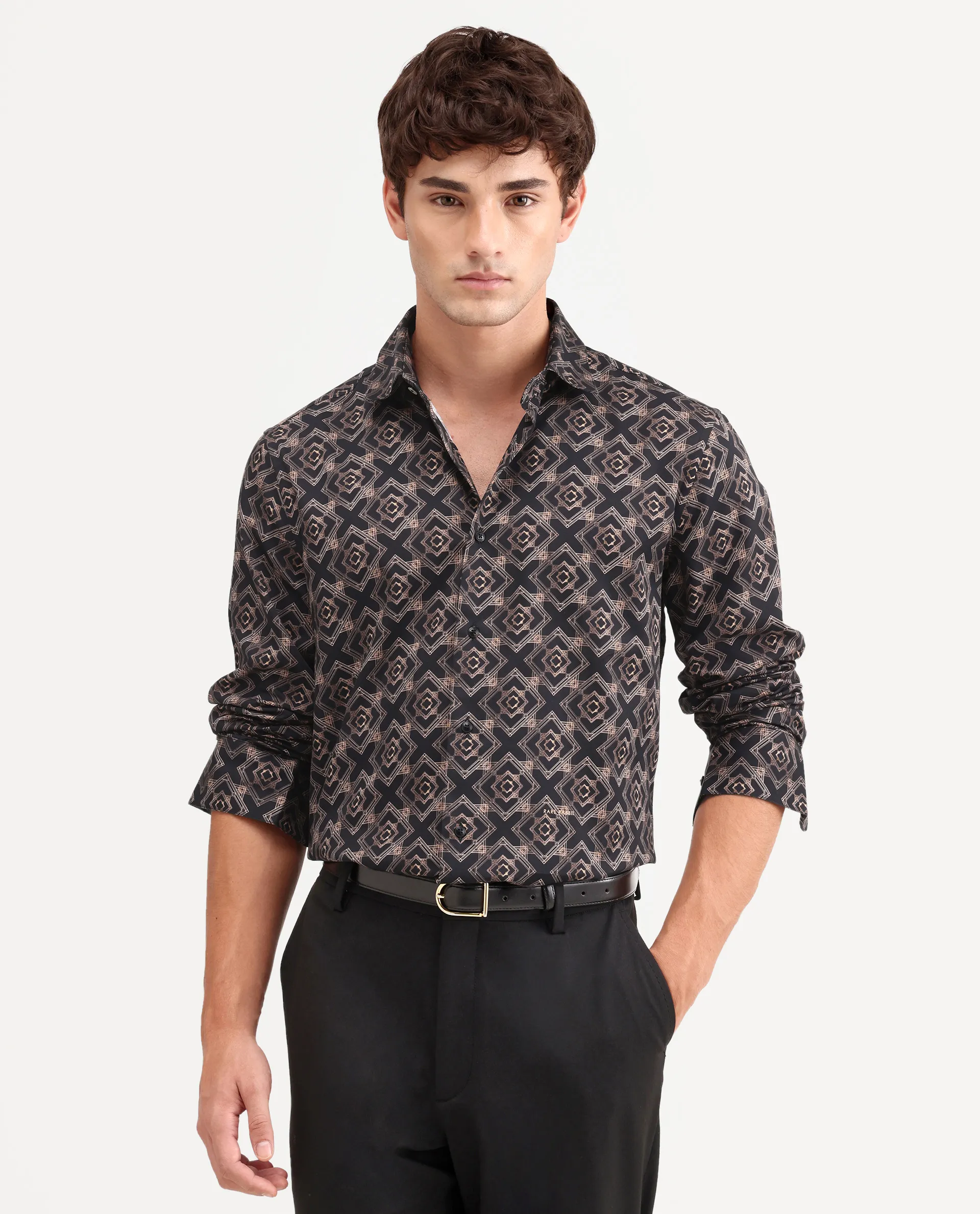 Rare Rabbit Men's Lacy Black Cotton Fabric Full Sleeve Spread Collar Button Regular Fit Geometric Print Shirt - Image 6