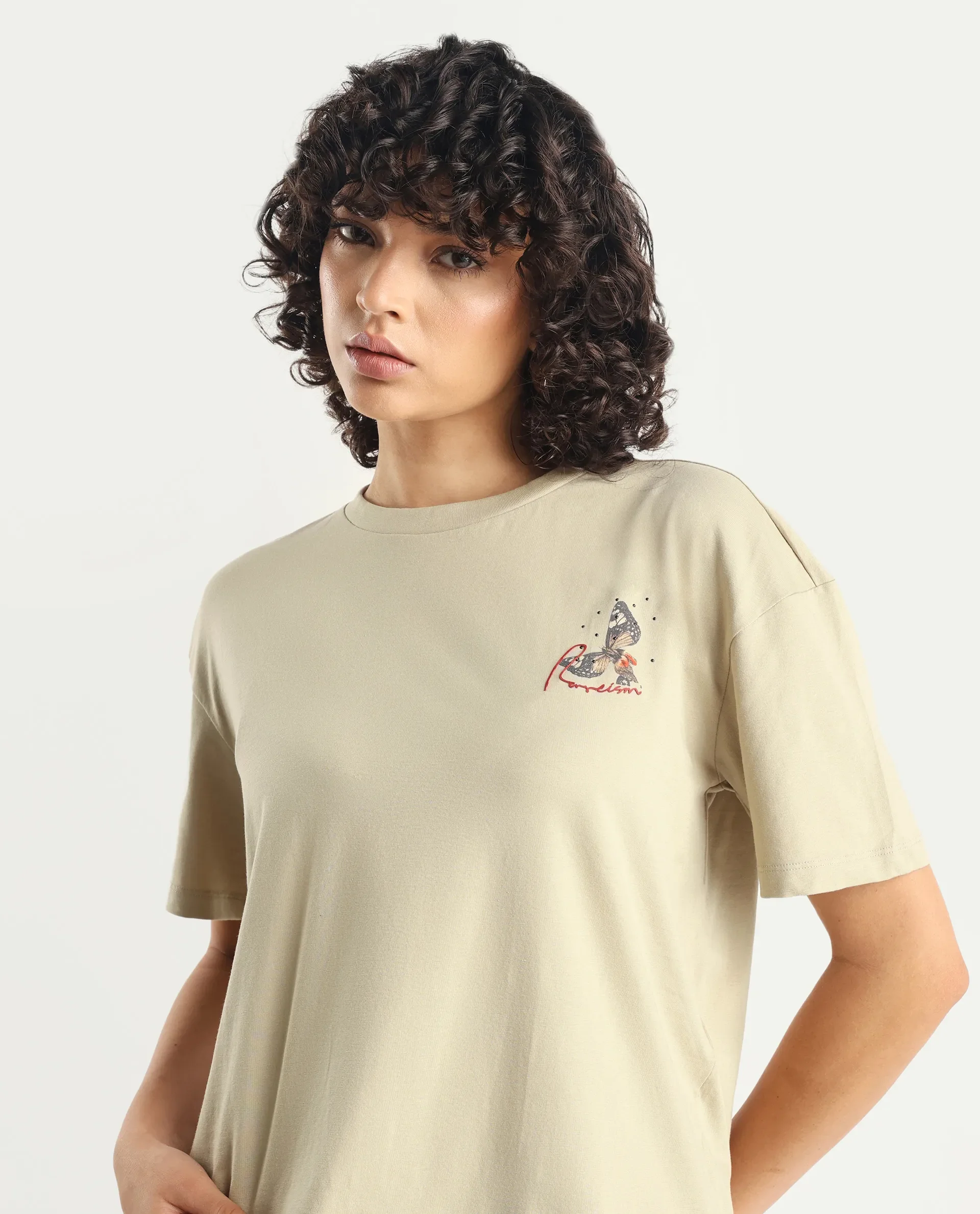 Rareism Women's Ladio Khaki Cotton Blend Crew Neck Graphic Print Relaxed Fit T-Shirt - Image 3