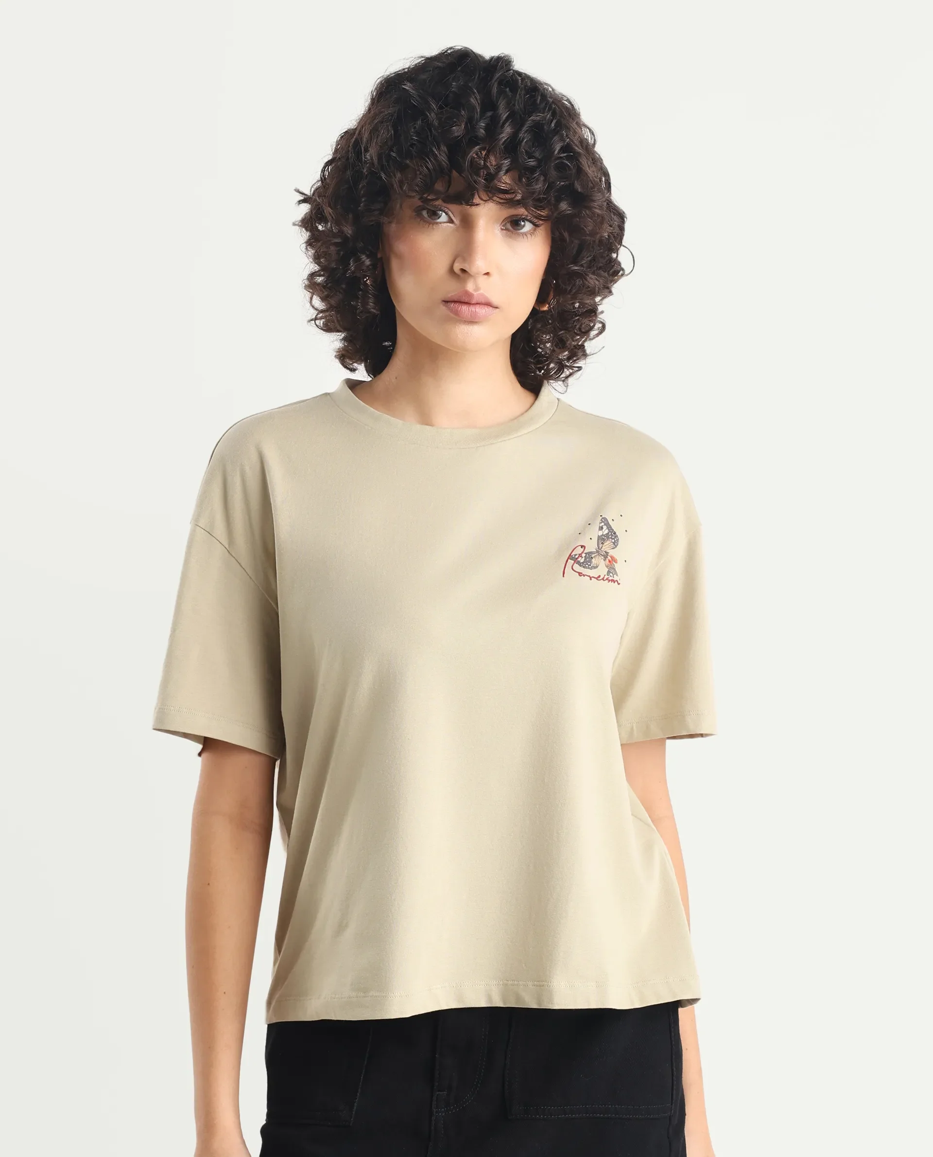 Rareism Women's Ladio Khaki Cotton Blend Crew Neck Graphic Print Relaxed Fit T-Shirt - Image 4