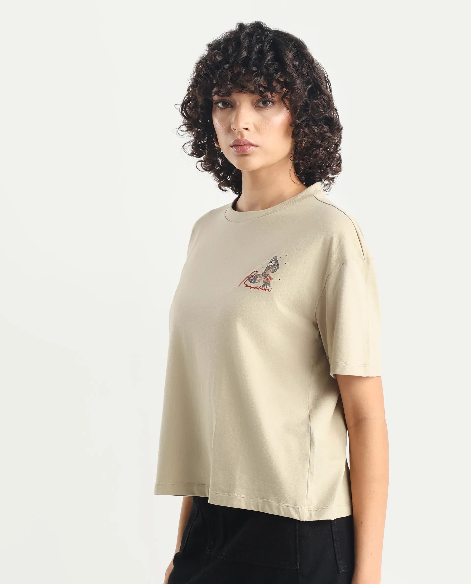 Rareism Women's Ladio Khaki Cotton Blend Crew Neck Graphic Print Relaxed Fit T-Shirt - Image 5