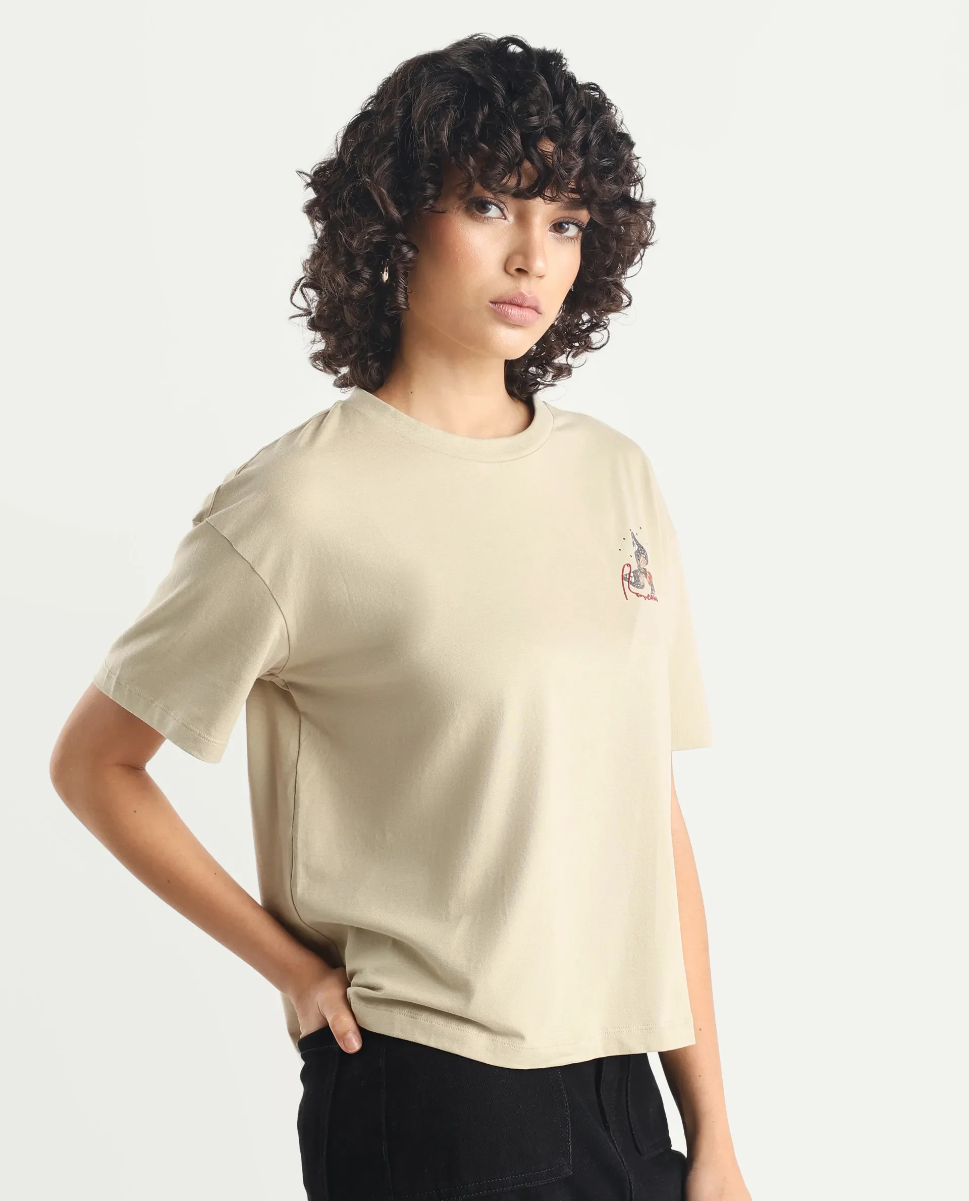 Rareism Women's Ladio Khaki Cotton Blend Crew Neck Graphic Print Relaxed Fit T-Shirt - Image 6