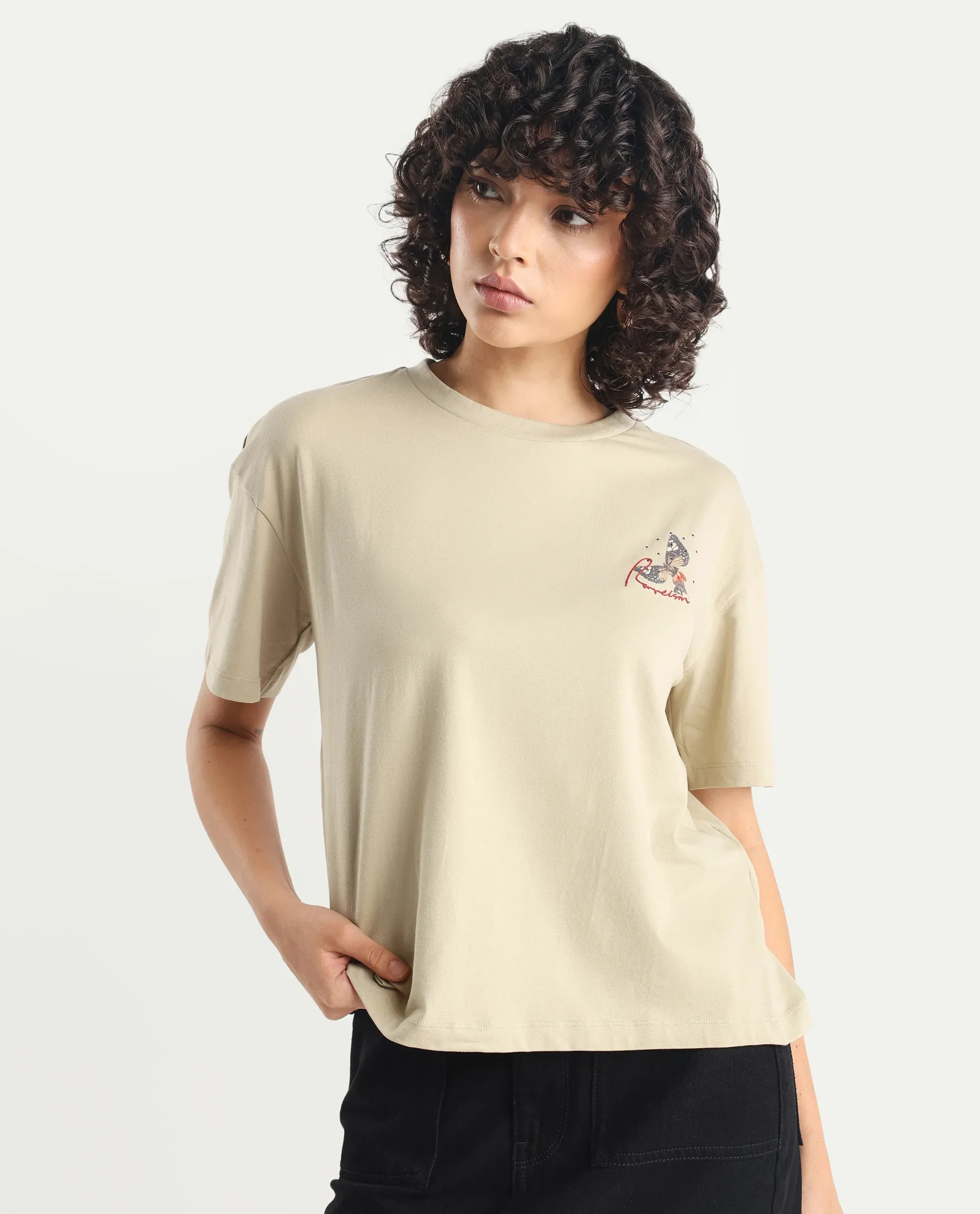 Rareism Women's Ladio Khaki Cotton Blend Crew Neck Graphic Print Relaxed Fit T-Shirt - Image 7