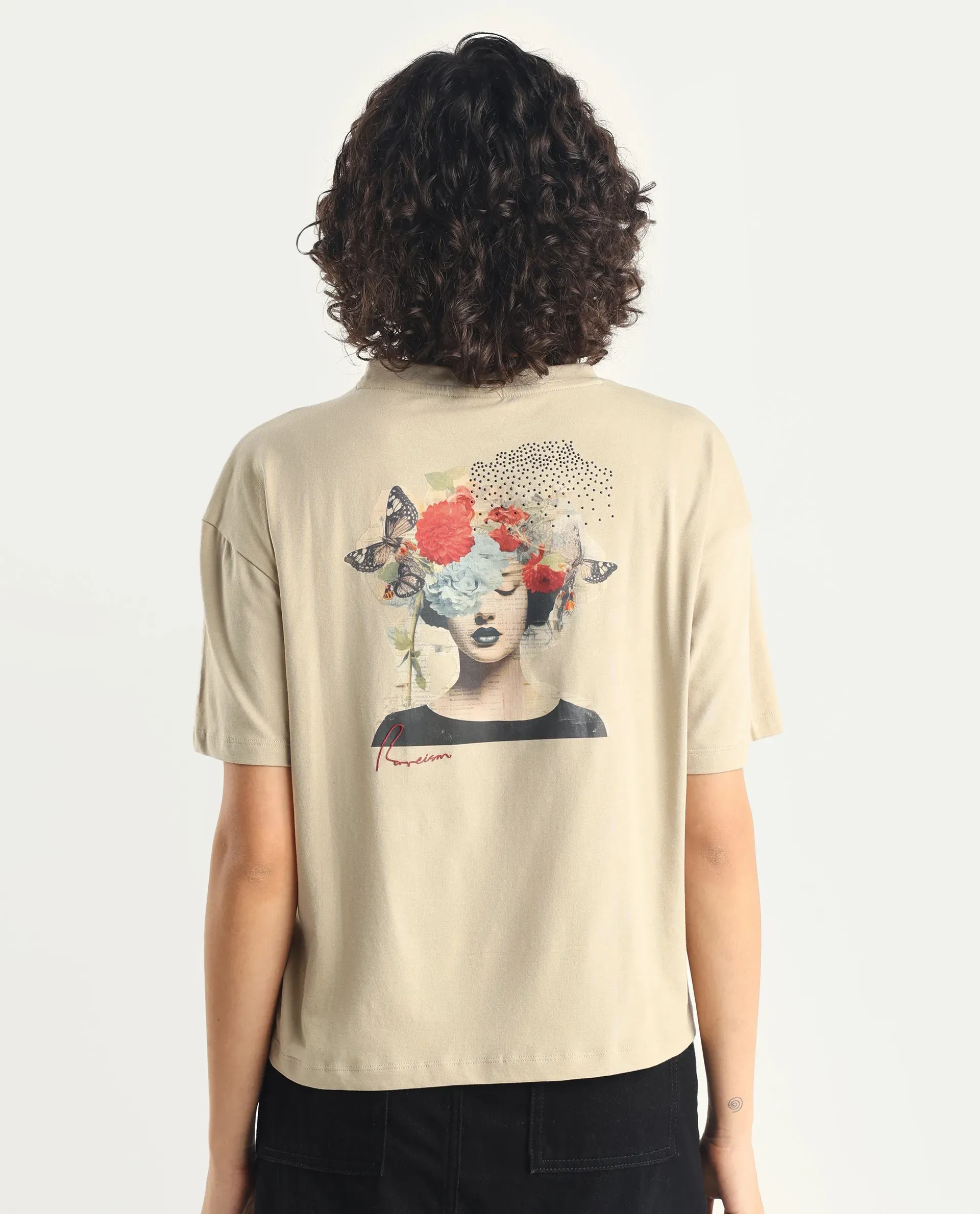 Rareism Women's Ladio Khaki Cotton Blend Crew Neck Graphic Print Relaxed Fit T-Shirt - Image 8
