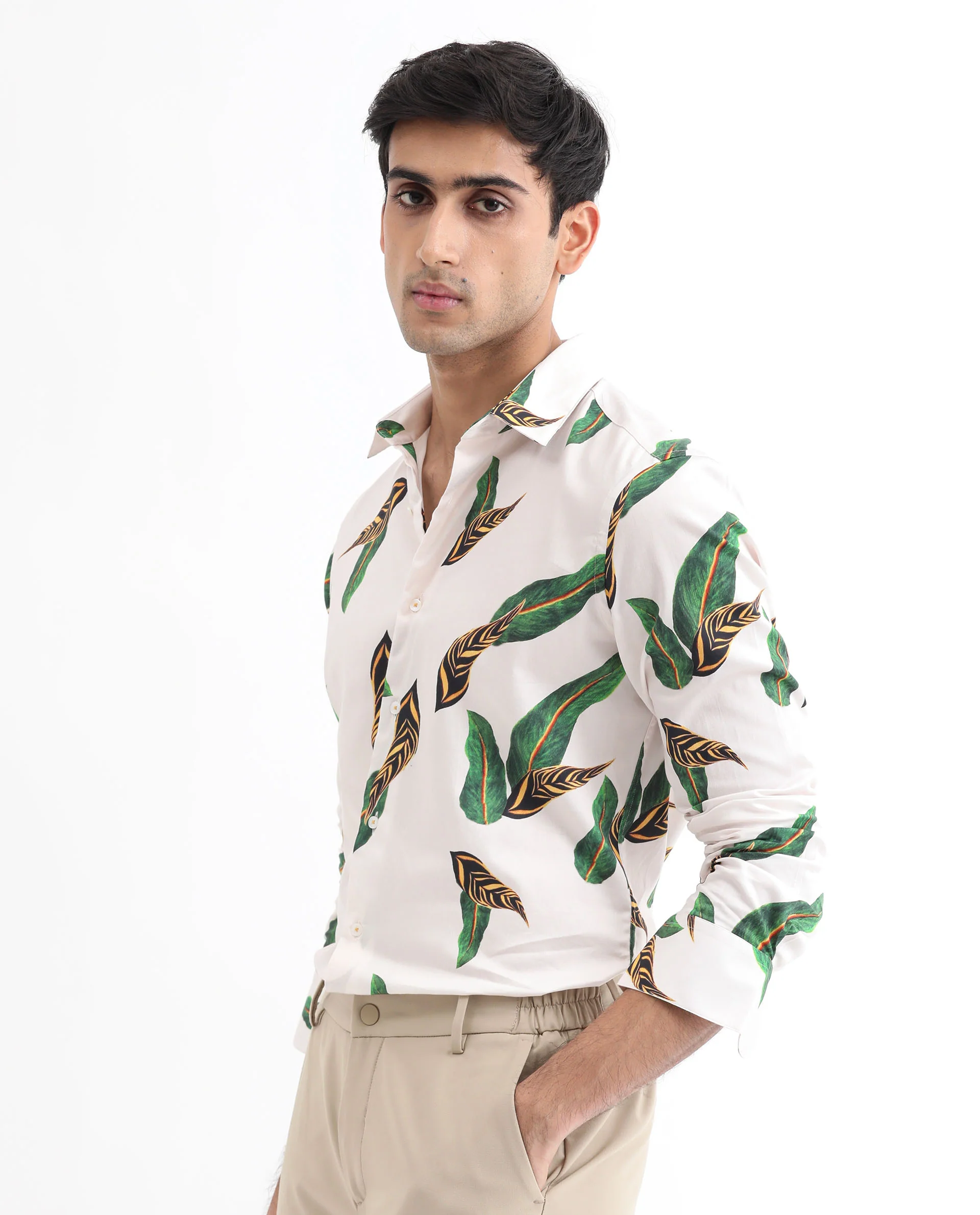 Rare Rabbit Men's Lafey Off White Cotton Tropical Print Regular Fit Full Sleeve Collared Shirt - Image 3