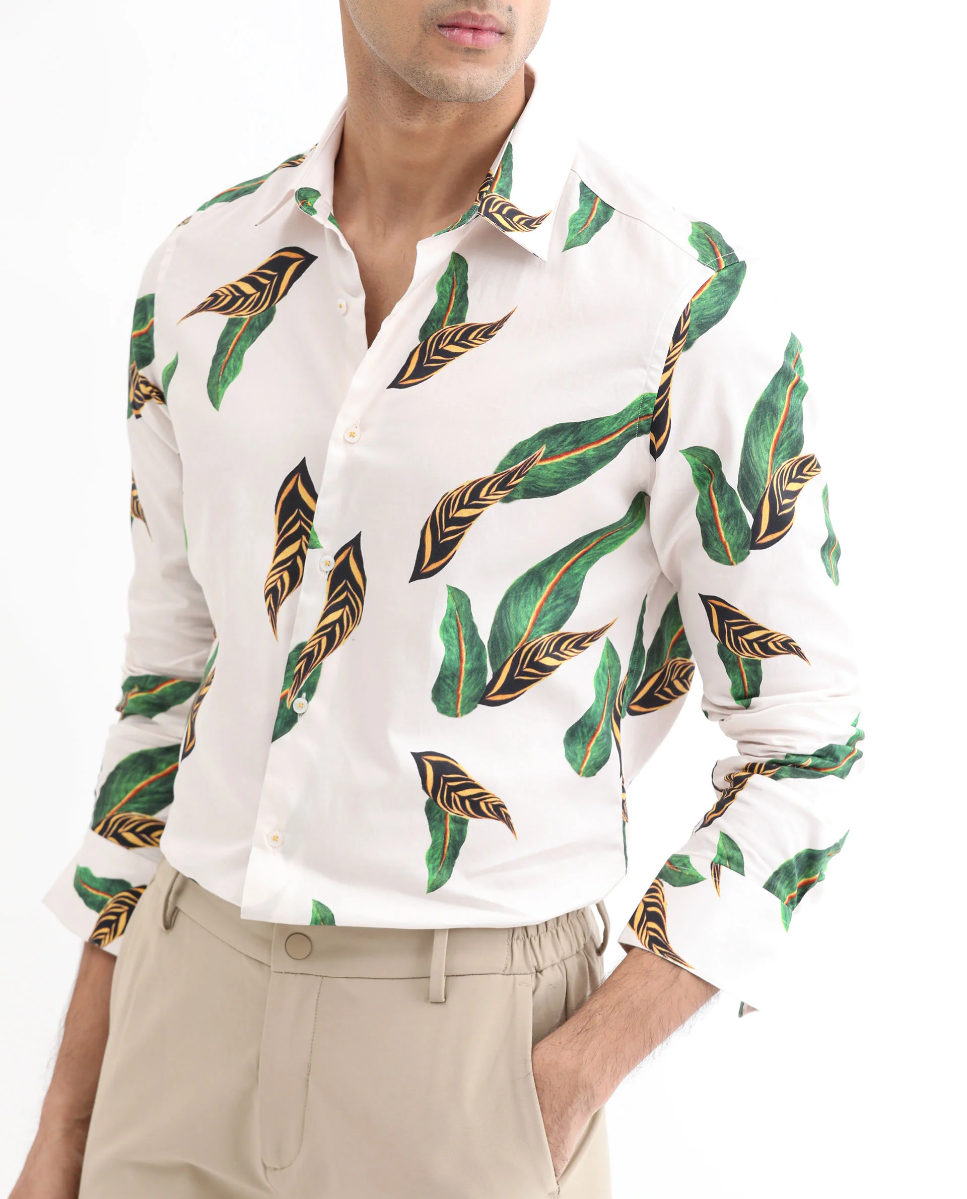Rare Rabbit Men's Lafey Off White Cotton Tropical Print Regular Fit Full Sleeve Collared Shirt - Image 5