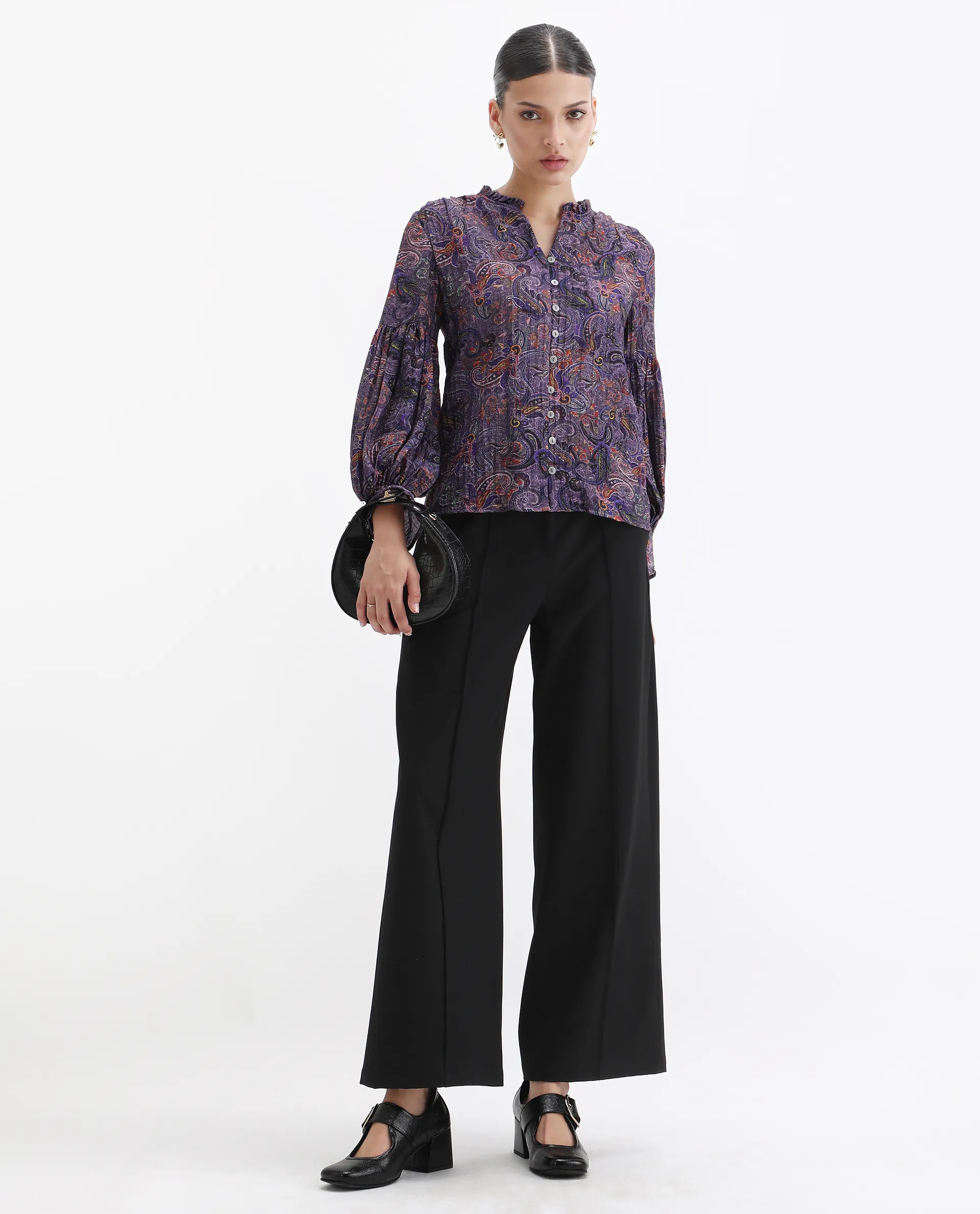 Rareism Women's Lafia Multi Viscose V-Neck Paisley Print Lantern Sleeve Regular Fit Top - Image 2