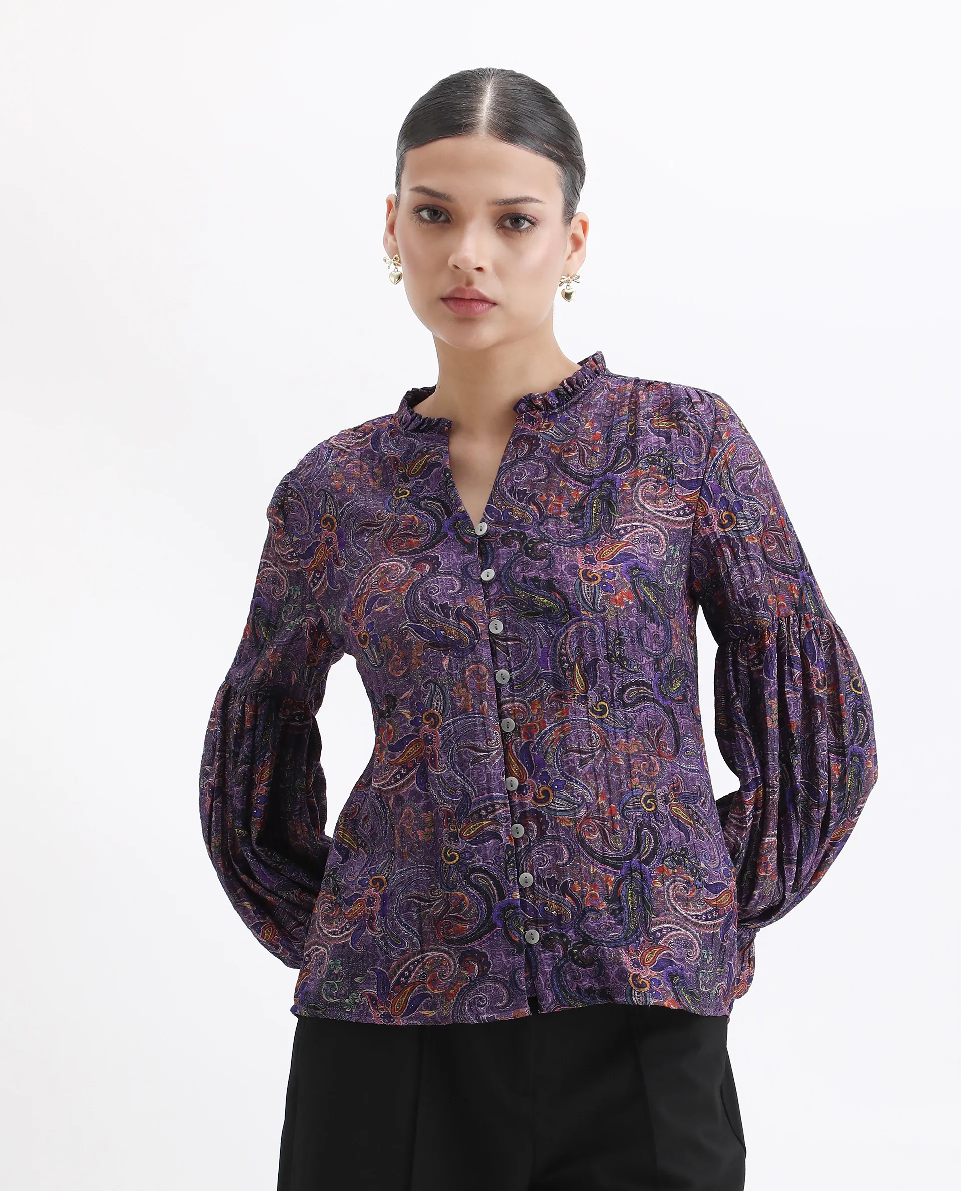 Rareism Women's Lafia Multi Viscose V-Neck Paisley Print Lantern Sleeve Regular Fit Top - Image 3