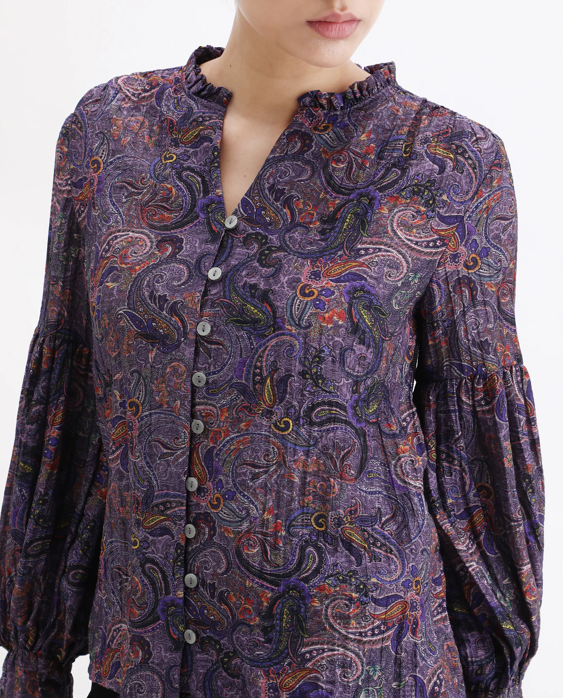 Rareism Women's Lafia Multi Viscose V-Neck Paisley Print Lantern Sleeve Regular Fit Top - Image 4