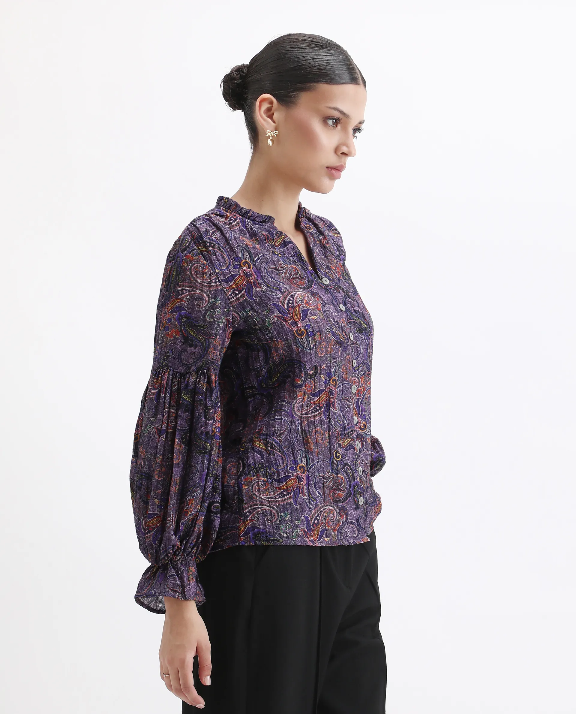 Rareism Women's Lafia Multi Viscose V-Neck Paisley Print Lantern Sleeve Regular Fit Top - Image 5