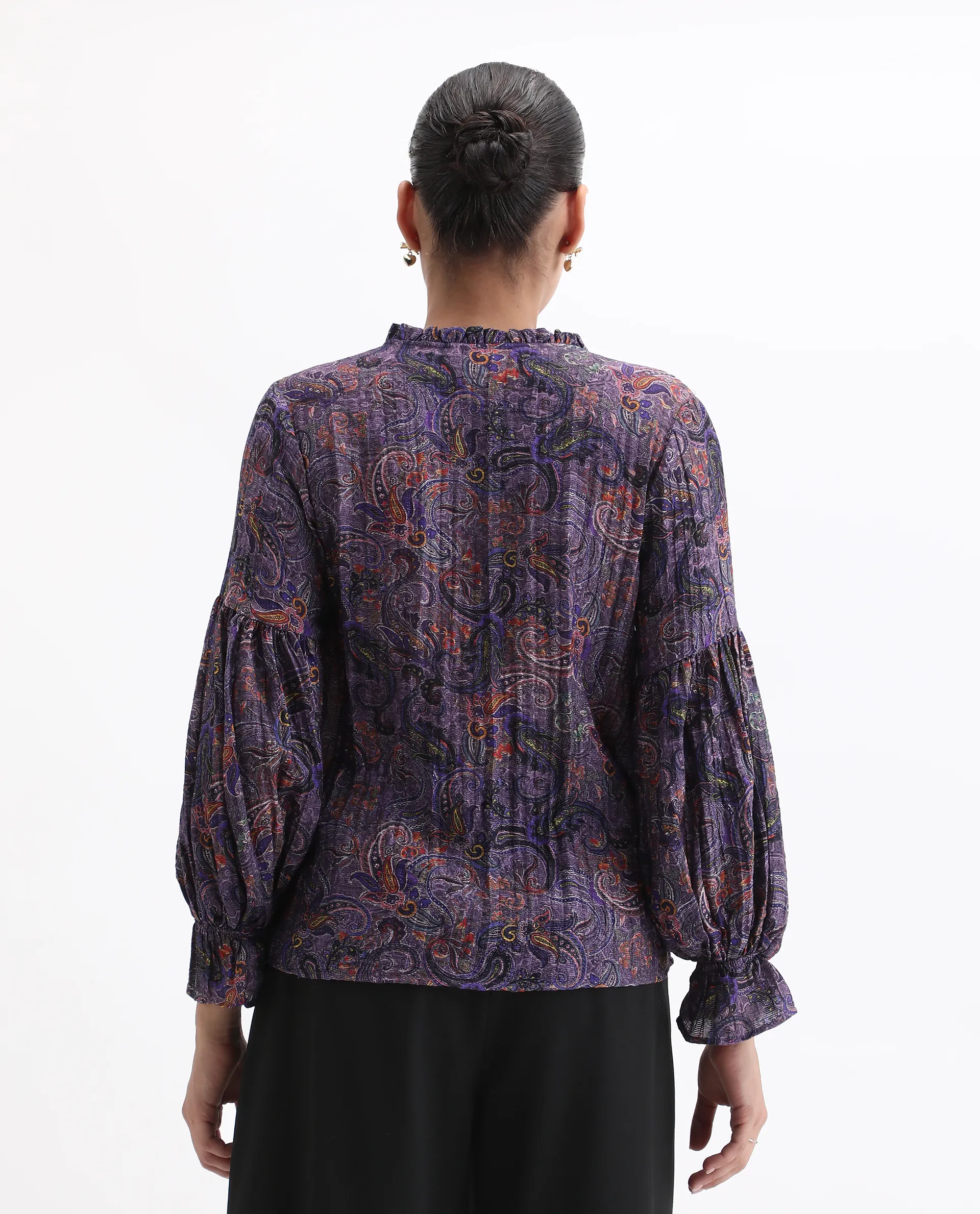 Rareism Women's Lafia Multi Viscose V-Neck Paisley Print Lantern Sleeve Regular Fit Top - Image 7