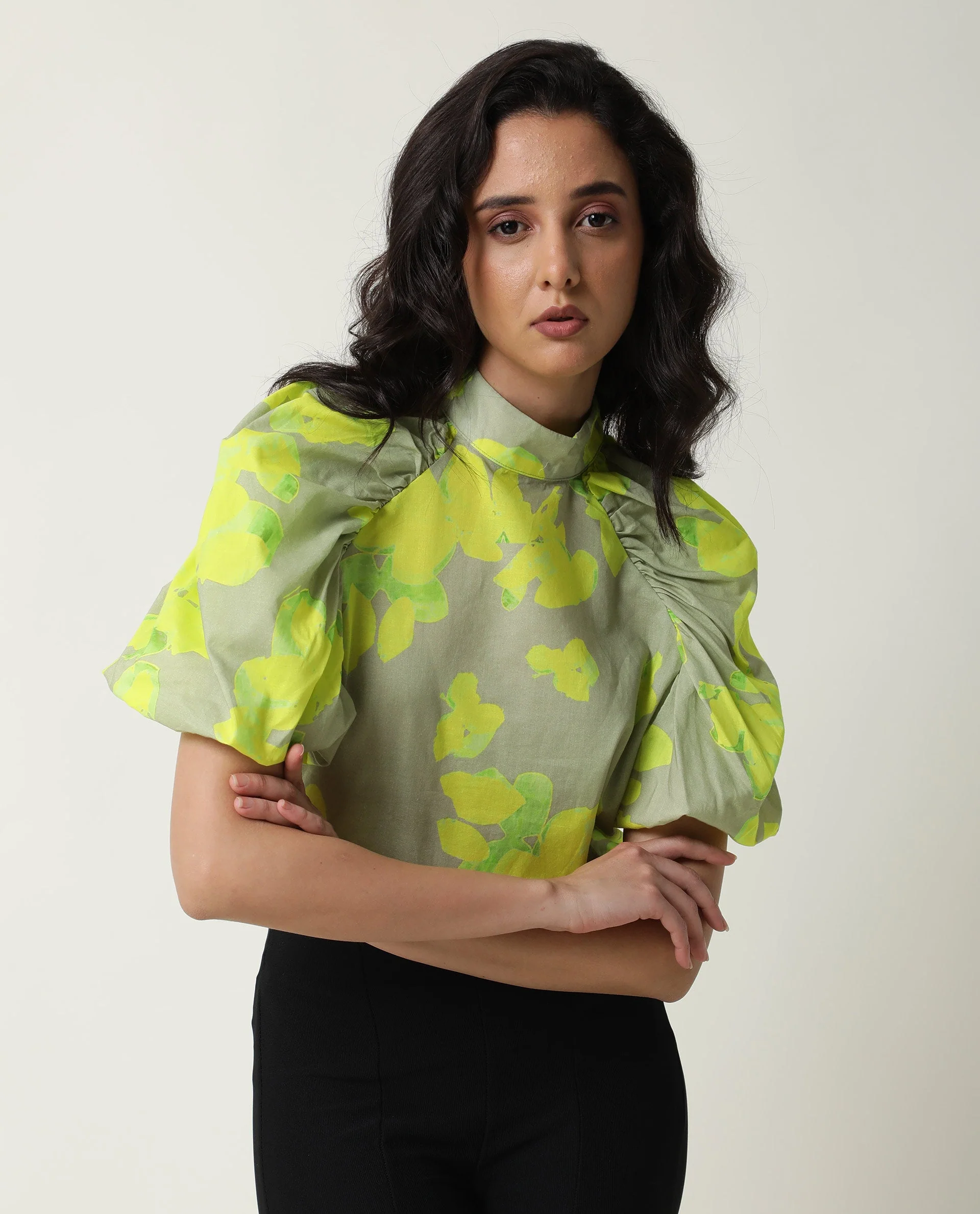 Rareism Women's Lagger Green Cotton High Neck Abstract Print Regular Fit Top - Image 10