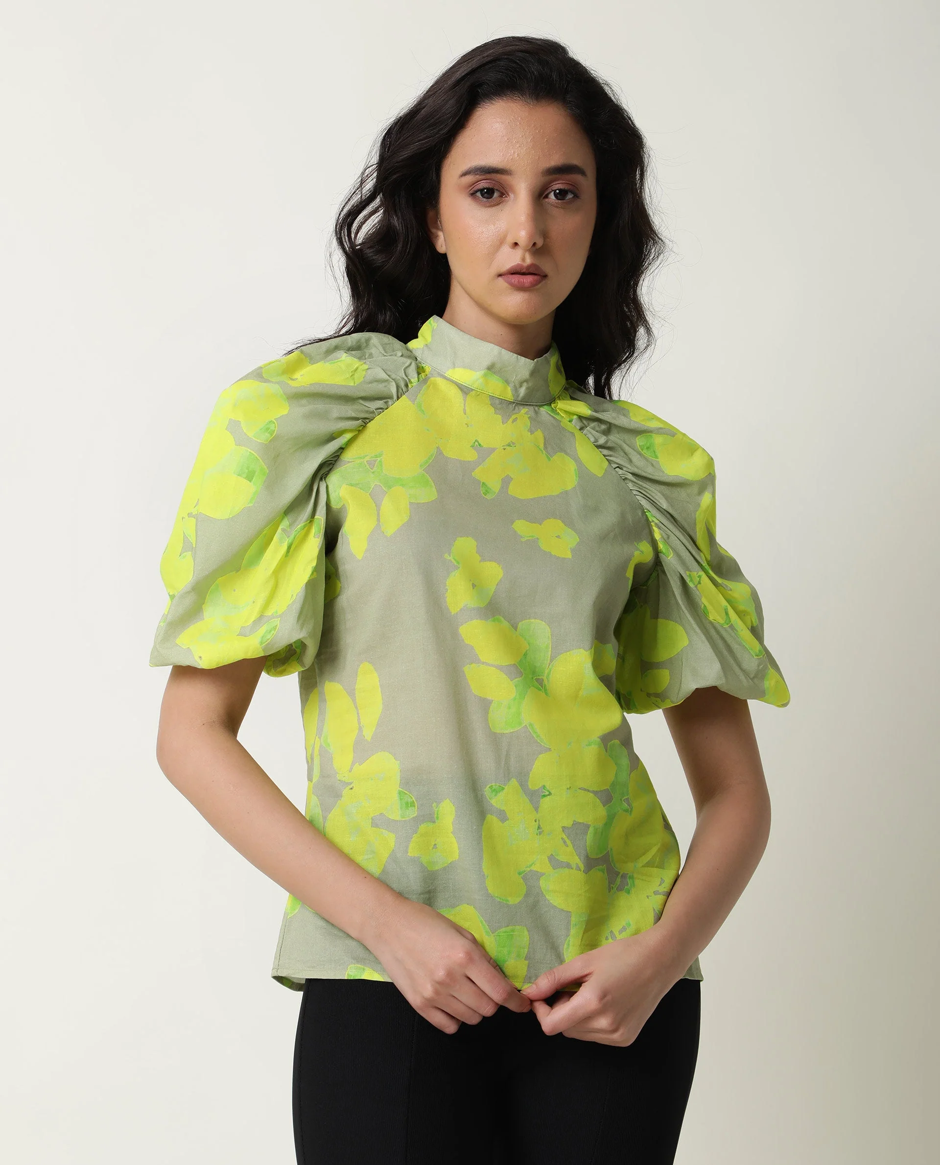 Rareism Women's Lagger Green Cotton High Neck Abstract Print Regular Fit Top - Image 13