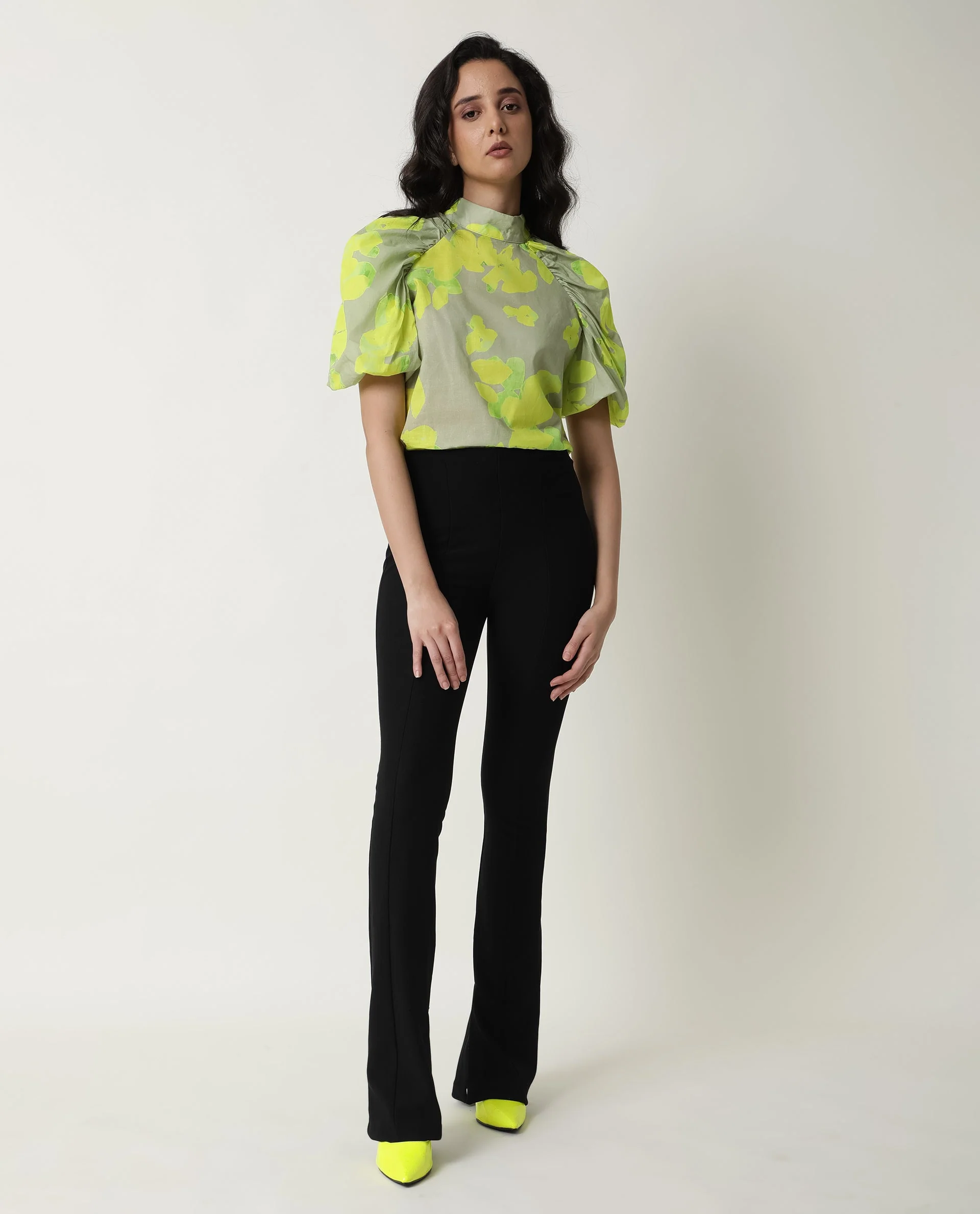 Rareism Women's Lagger Green Cotton High Neck Abstract Print Regular Fit Top - Image 3