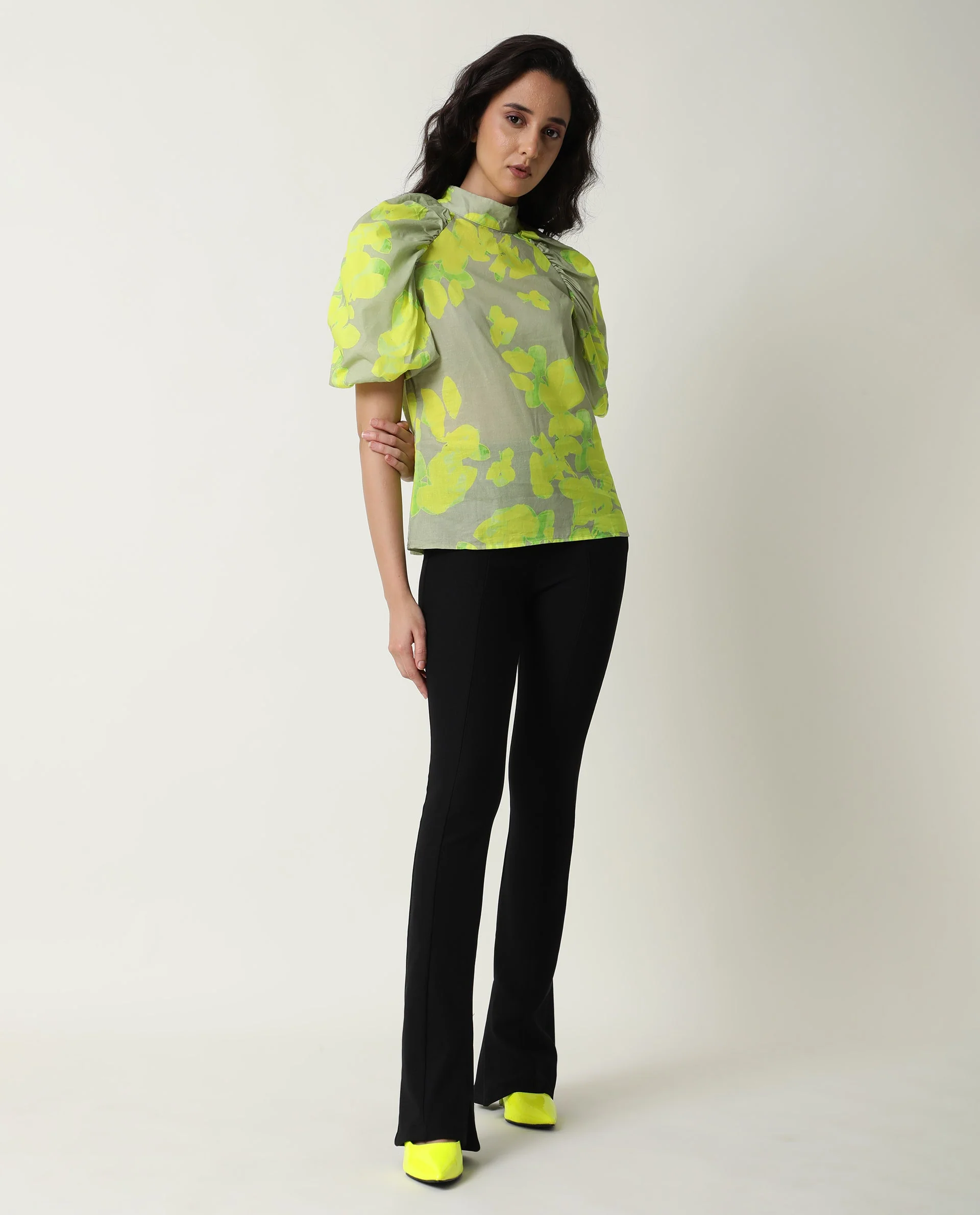Rareism Women's Lagger Green Cotton High Neck Abstract Print Regular Fit Top - Image 4