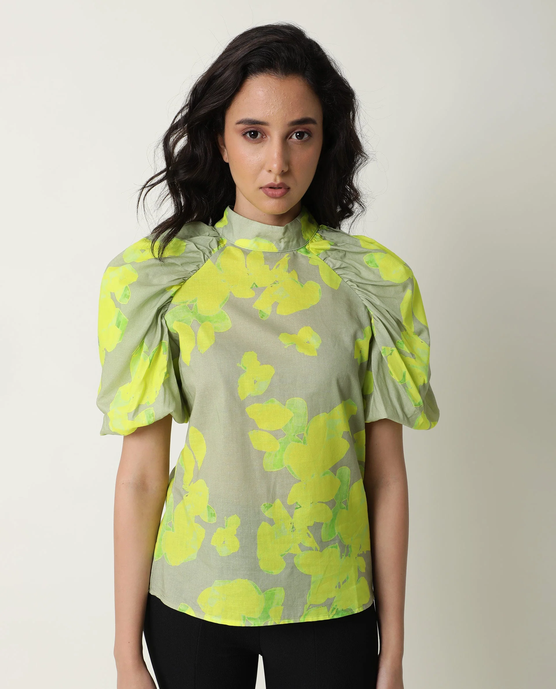 Rareism Women's Lagger Green Cotton High Neck Abstract Print Regular Fit Top - Image 6