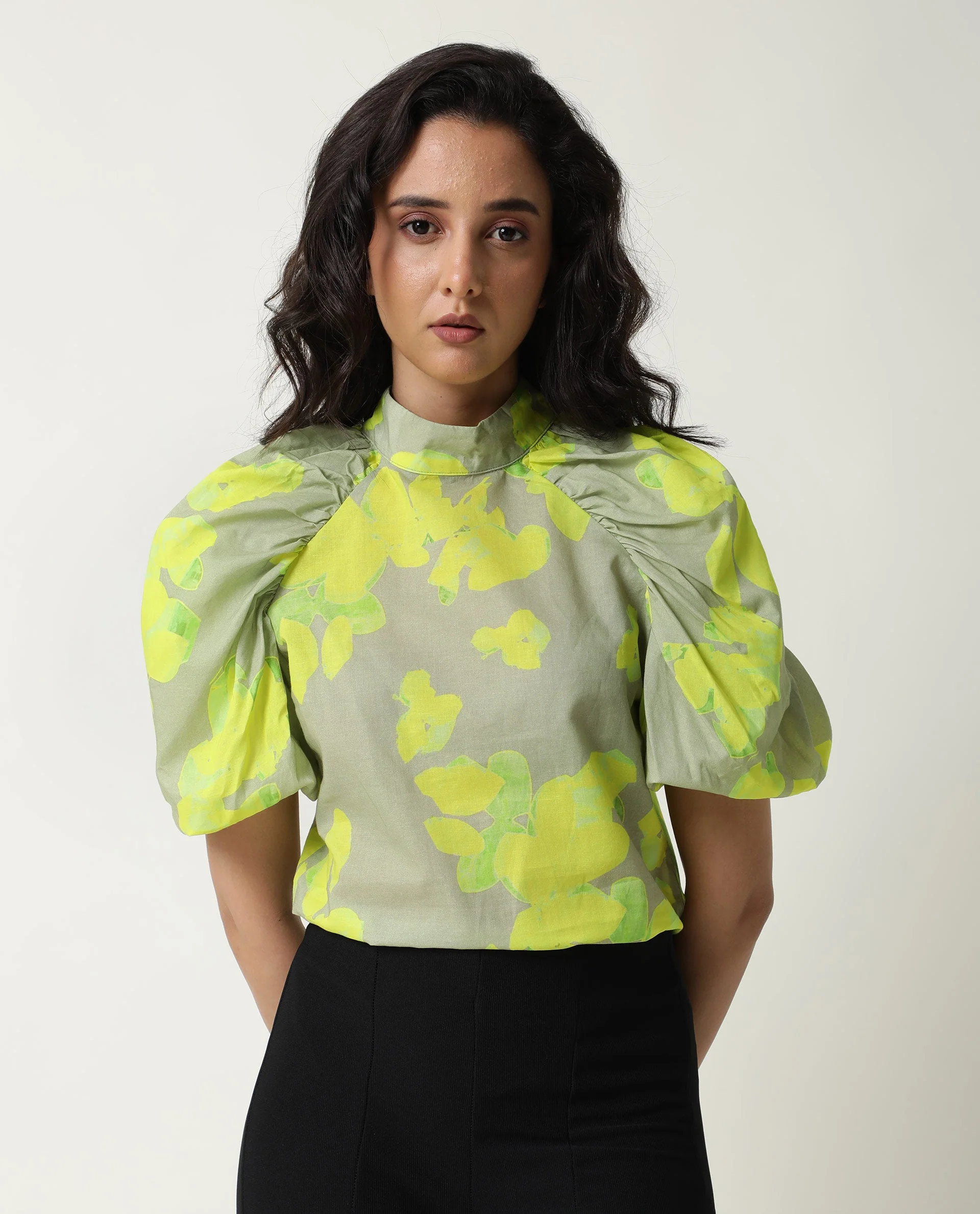 Rareism Women's Lagger Green Cotton High Neck Abstract Print Regular Fit Top - Image 7
