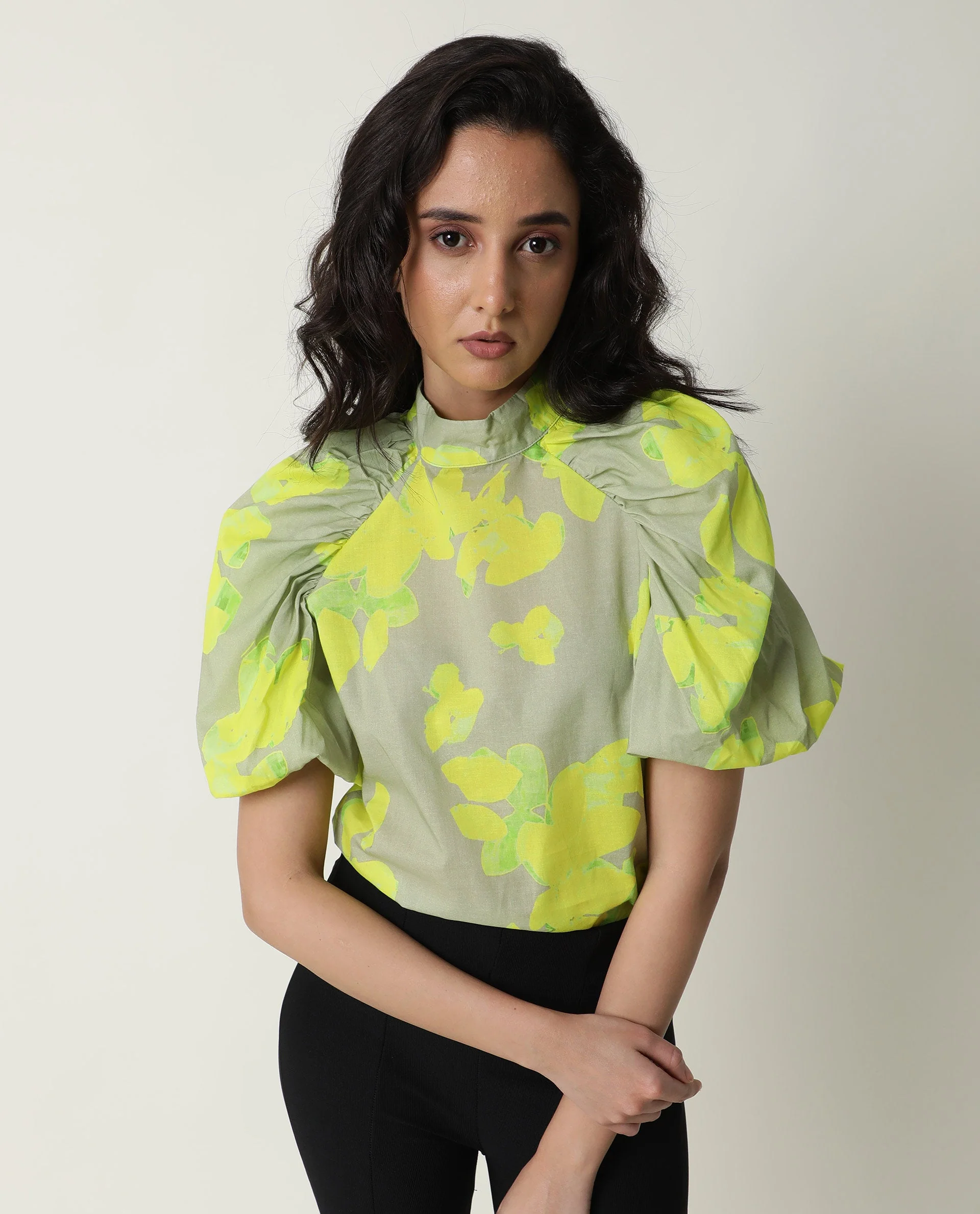 Rareism Women's Lagger Green Cotton High Neck Abstract Print Regular Fit Top - Image 8