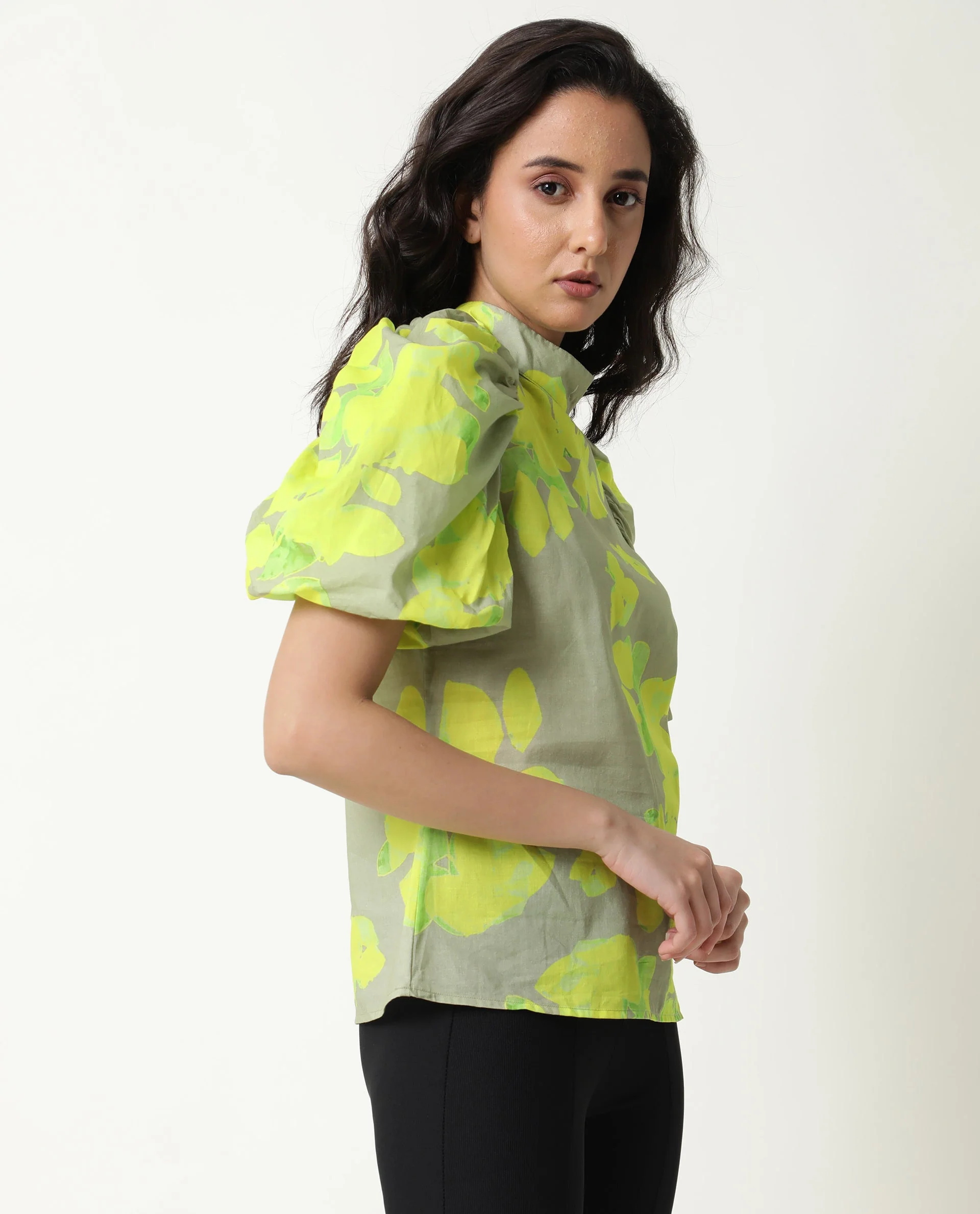 Rareism Women's Lagger Green Cotton High Neck Abstract Print Regular Fit Top - Image 9