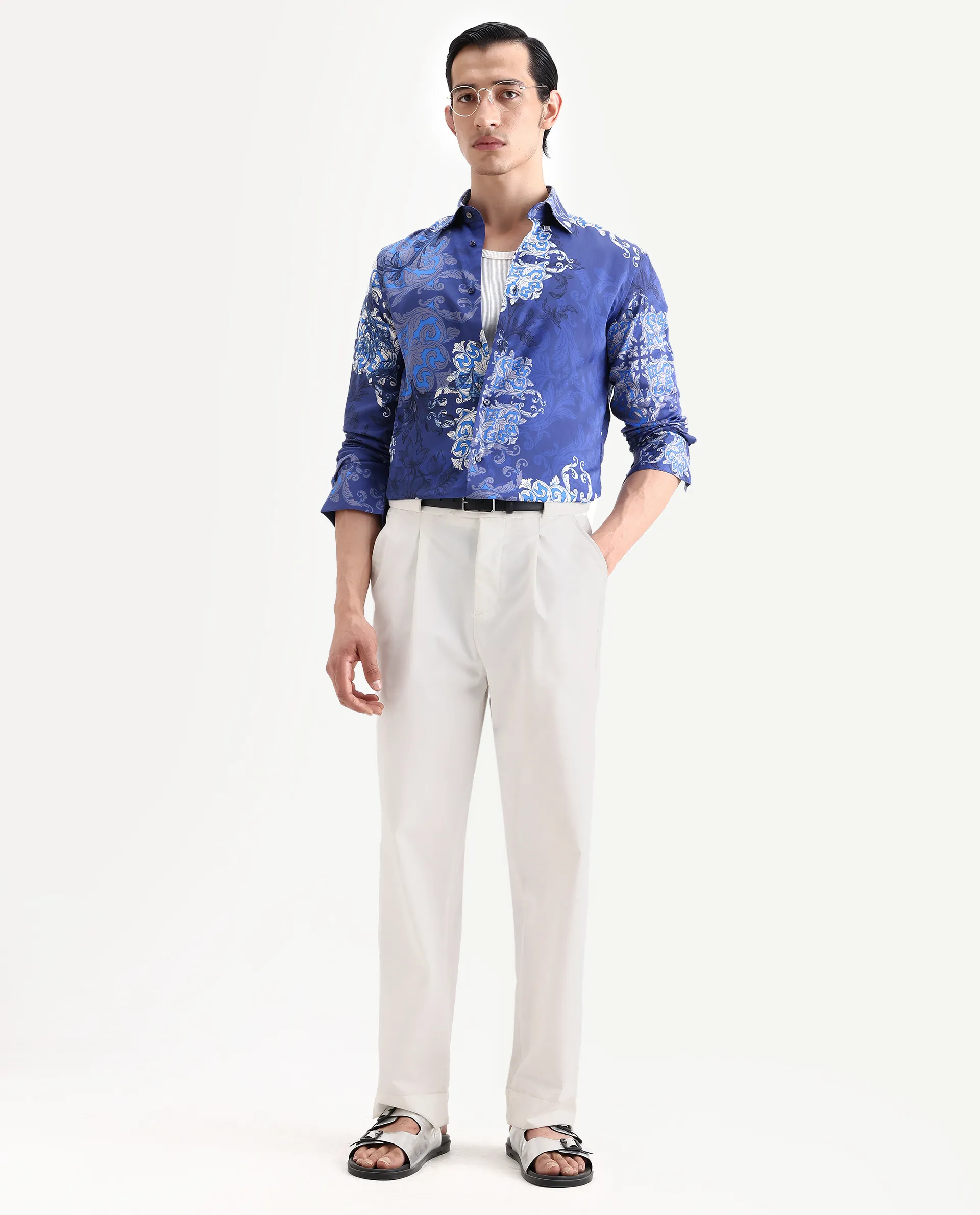 Rare Rabbit Men's Lagos Blue Cotton Blend Fabric Full Sleeve Regular Fit Ornate Print Shirt - Image 2