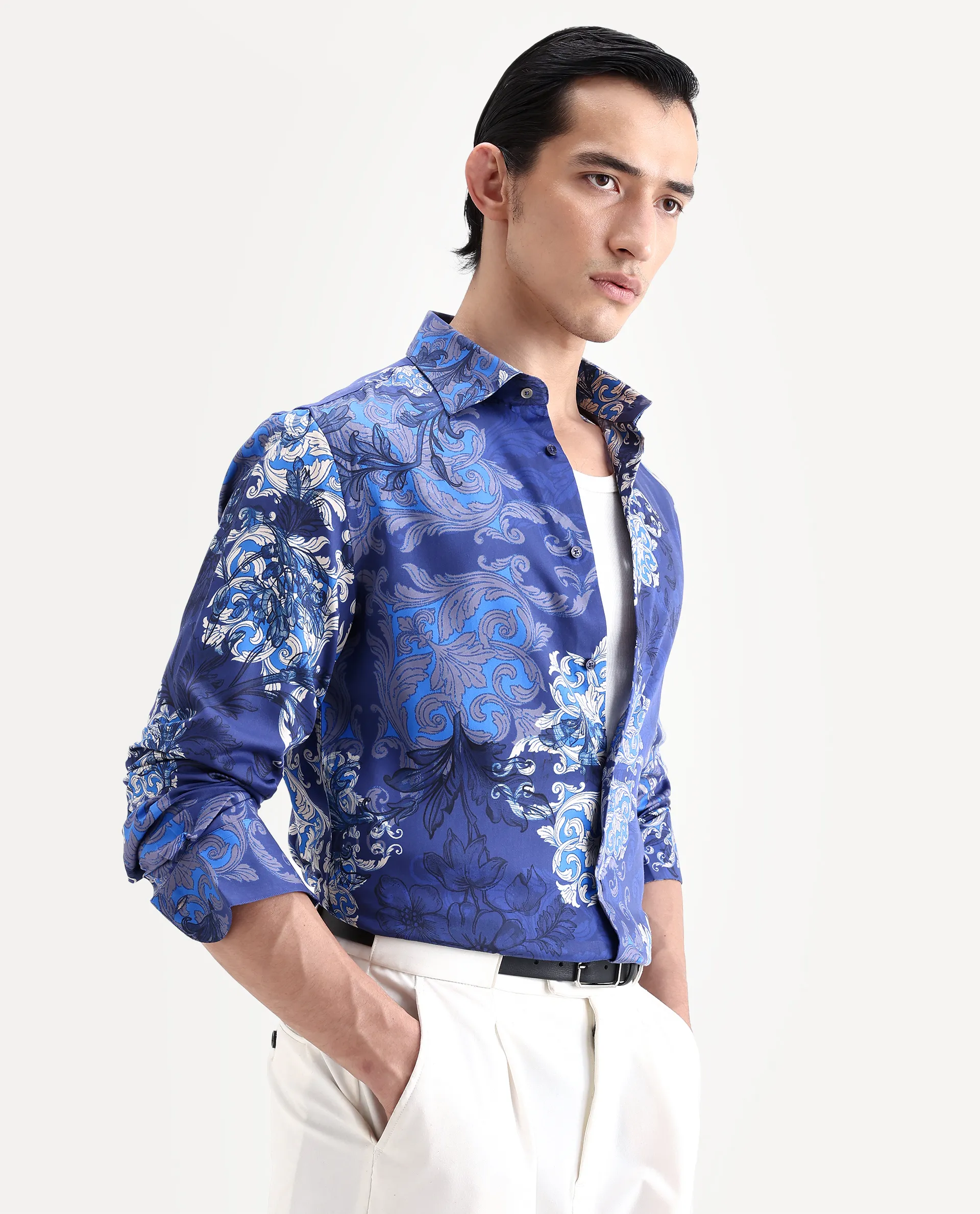 Rare Rabbit Men's Lagos Blue Cotton Blend Fabric Full Sleeve Regular Fit Ornate Print Shirt - Image 4