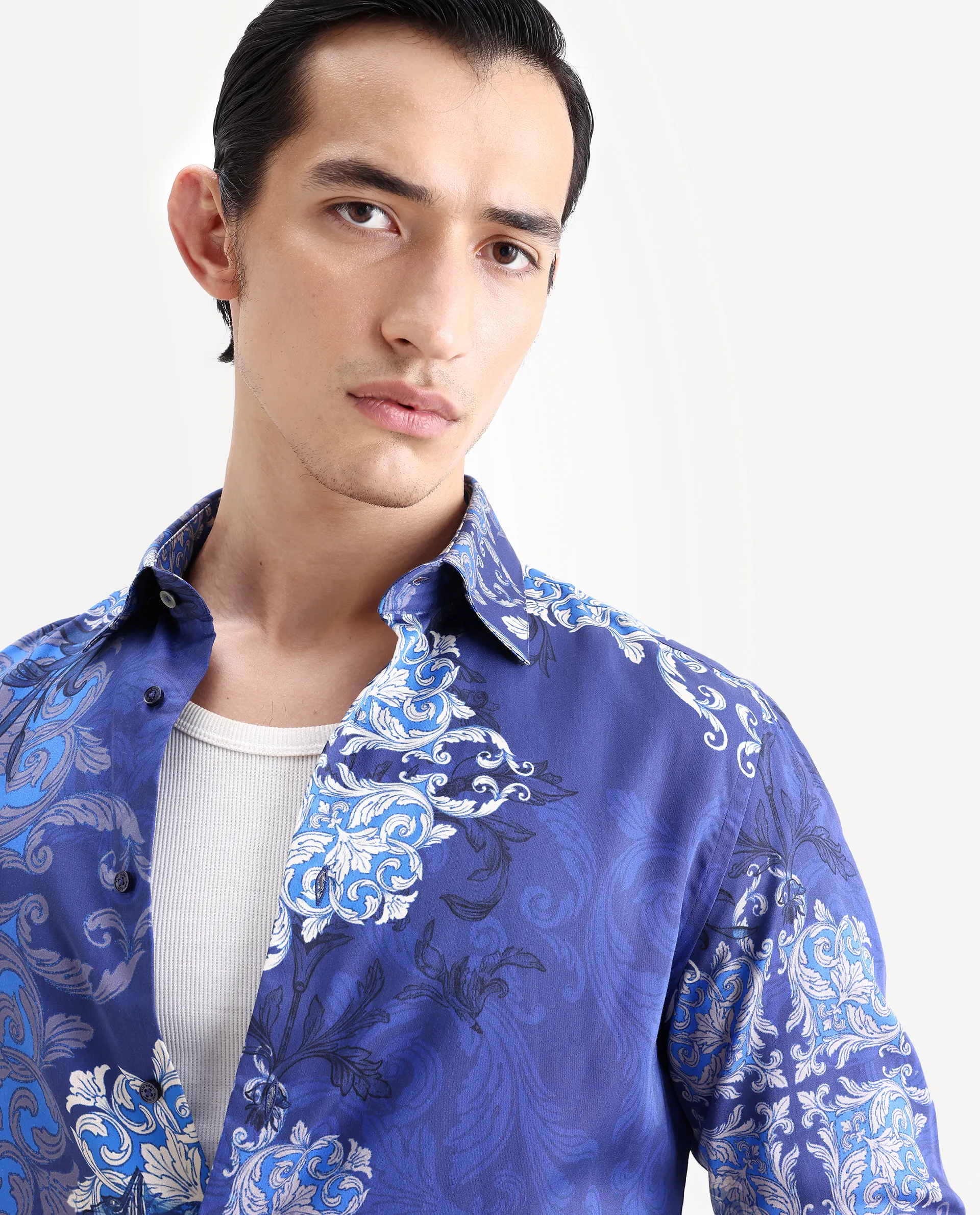 Rare Rabbit Men's Lagos Blue Cotton Blend Fabric Full Sleeve Regular Fit Ornate Print Shirt - Image 5