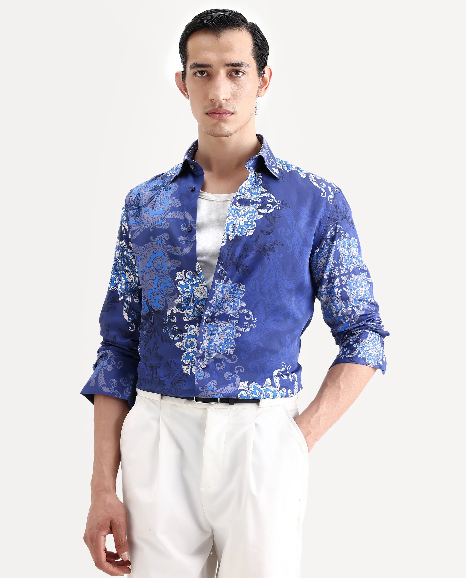 Rare Rabbit Men's Lagos Blue Cotton Blend Fabric Full Sleeve Regular Fit Ornate Print Shirt - Image 6