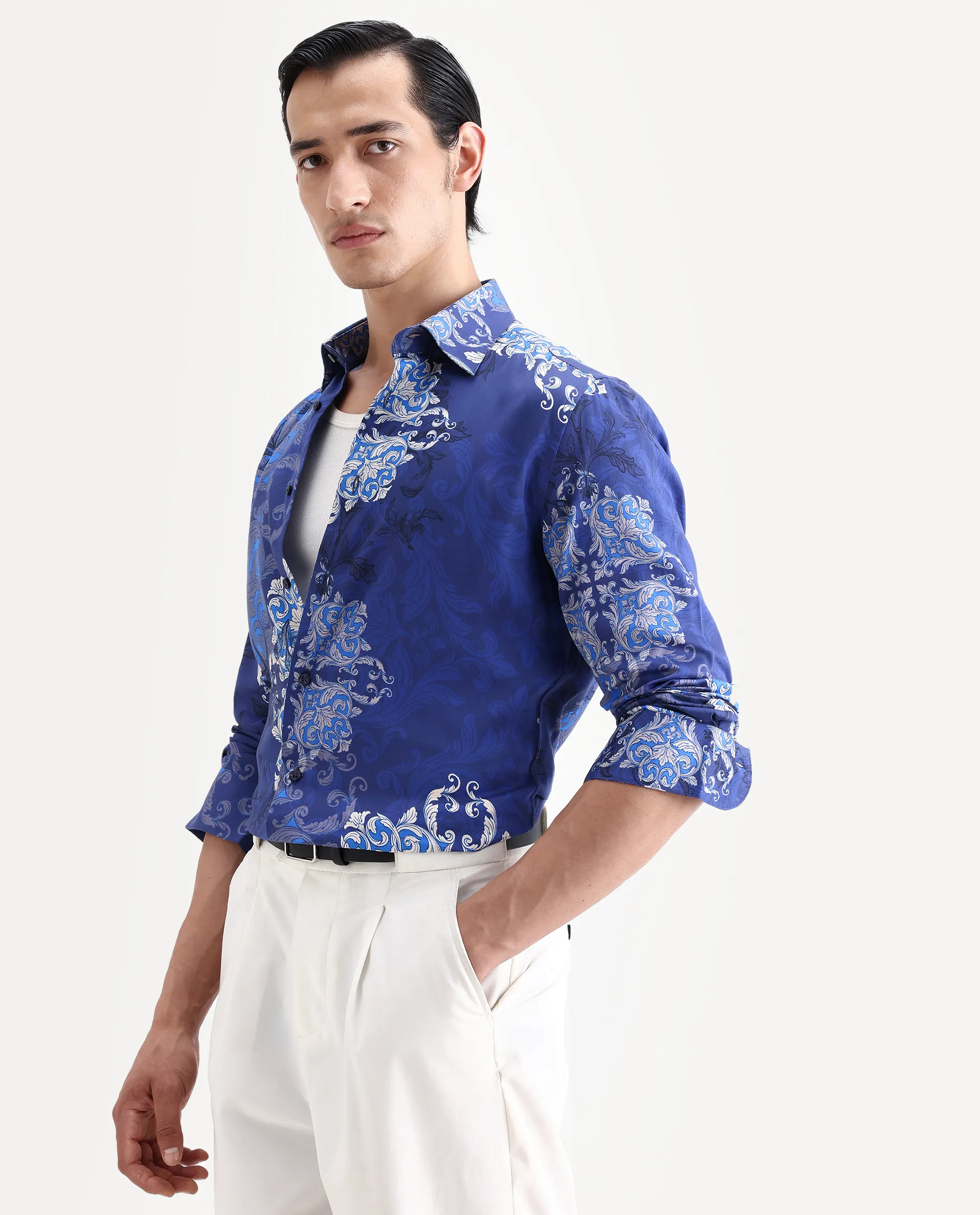 Rare Rabbit Men's Lagos Blue Cotton Blend Fabric Full Sleeve Regular Fit Ornate Print Shirt - Image 7