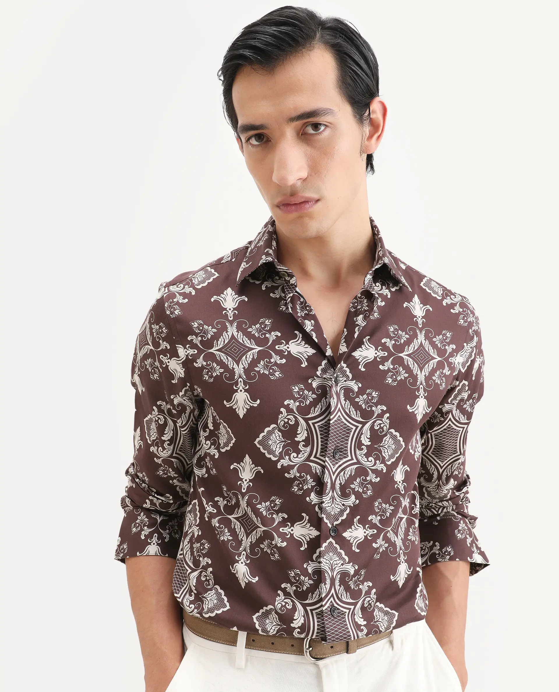 Rare Rabbit Men's Lagos Brown Cotton Blend Fabric Full Sleeve Regular Fit Ornate Print Shirt