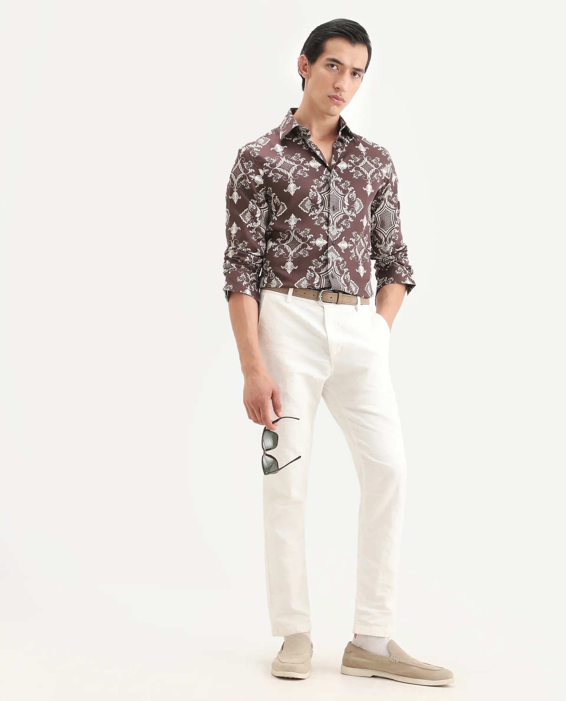 Rare Rabbit Men's Lagos Brown Cotton Blend Fabric Full Sleeve Regular Fit Ornate Print Shirt - Image 2