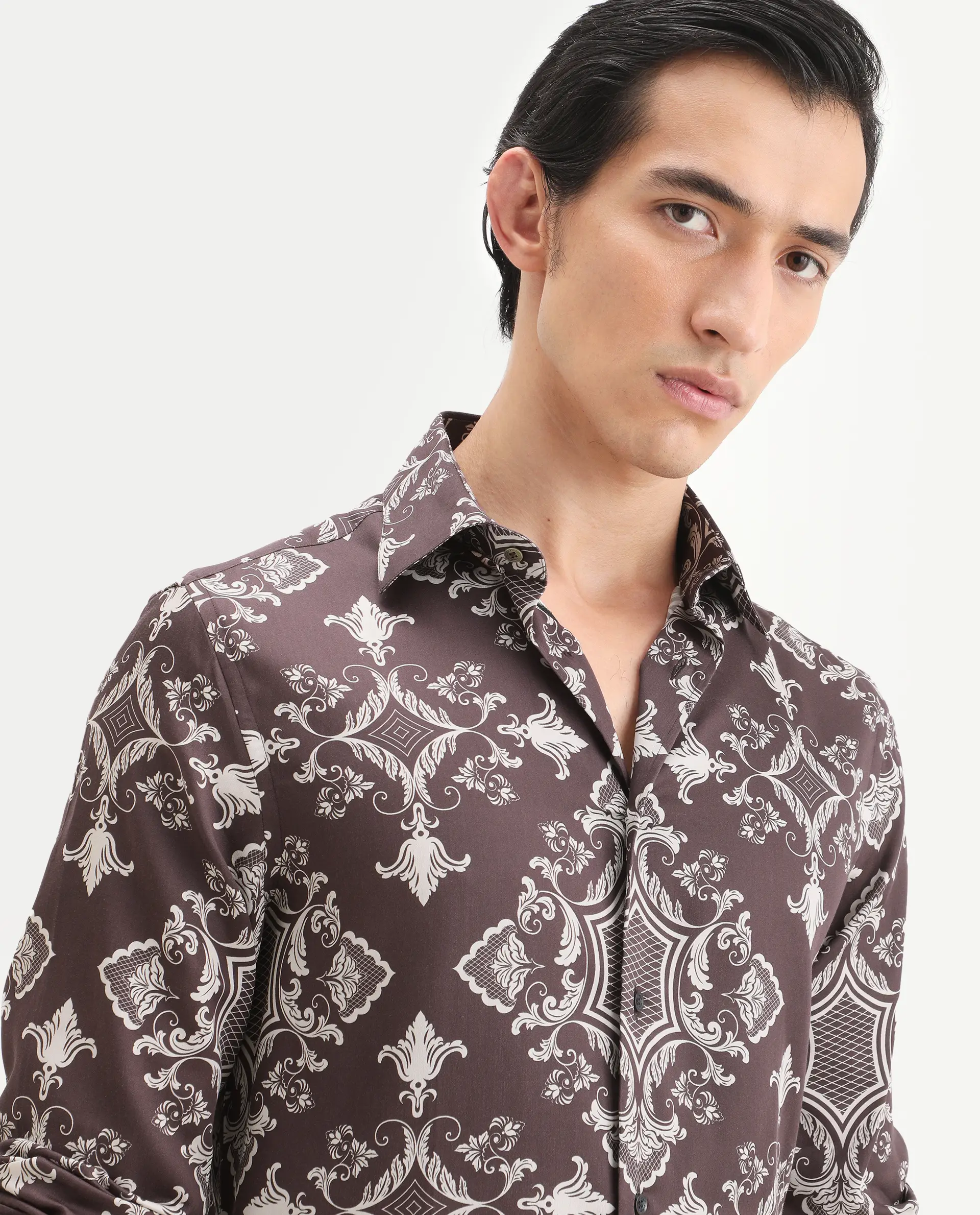 Rare Rabbit Men's Lagos Brown Cotton Blend Fabric Full Sleeve Regular Fit Ornate Print Shirt - Image 3