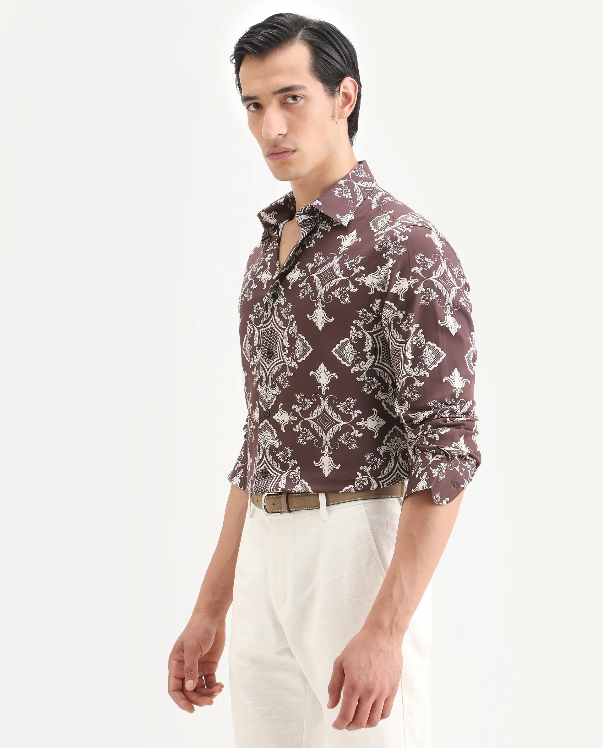 Rare Rabbit Men's Lagos Brown Cotton Blend Fabric Full Sleeve Regular Fit Ornate Print Shirt - Image 4