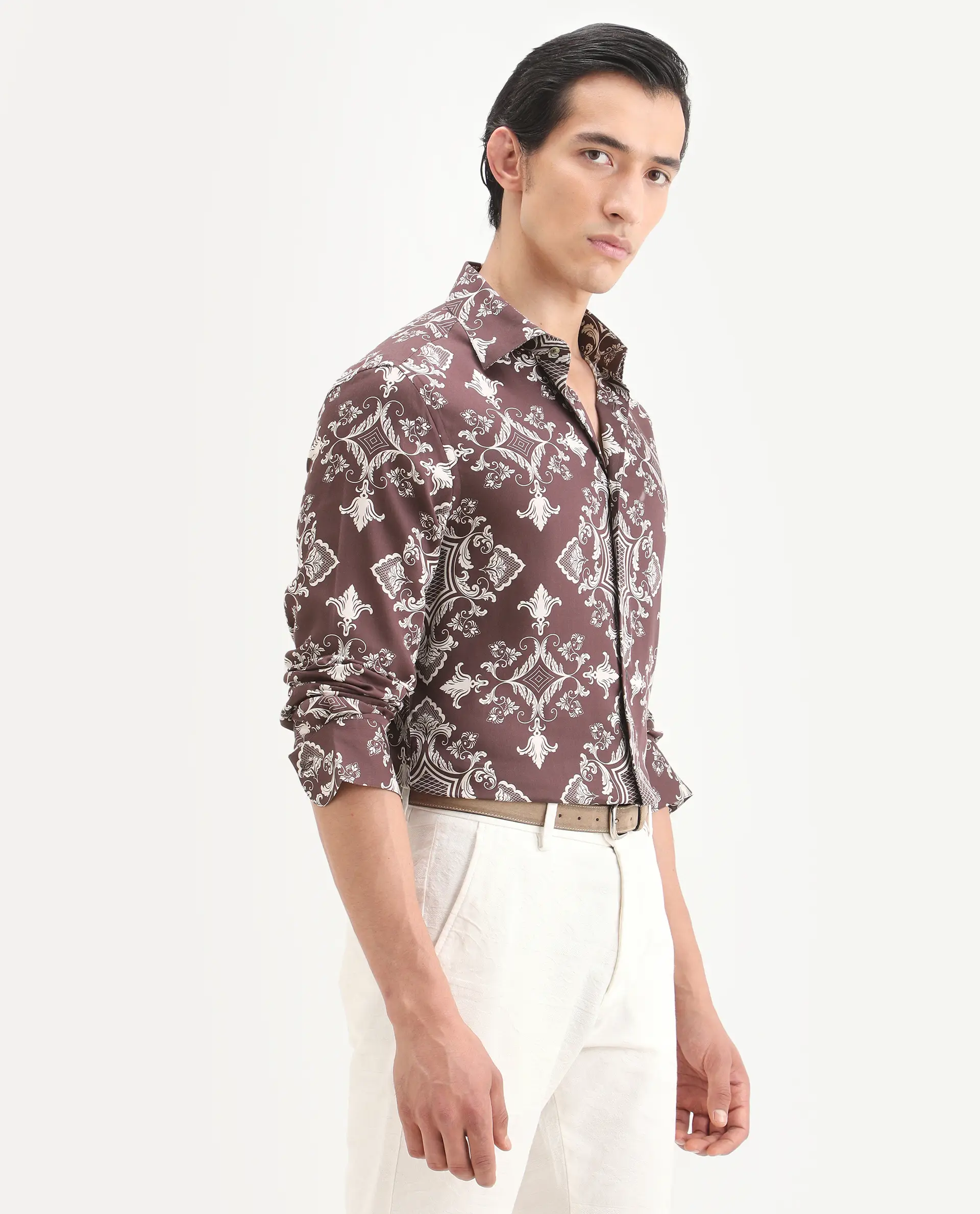 Rare Rabbit Men's Lagos Brown Cotton Blend Fabric Full Sleeve Regular Fit Ornate Print Shirt - Image 5