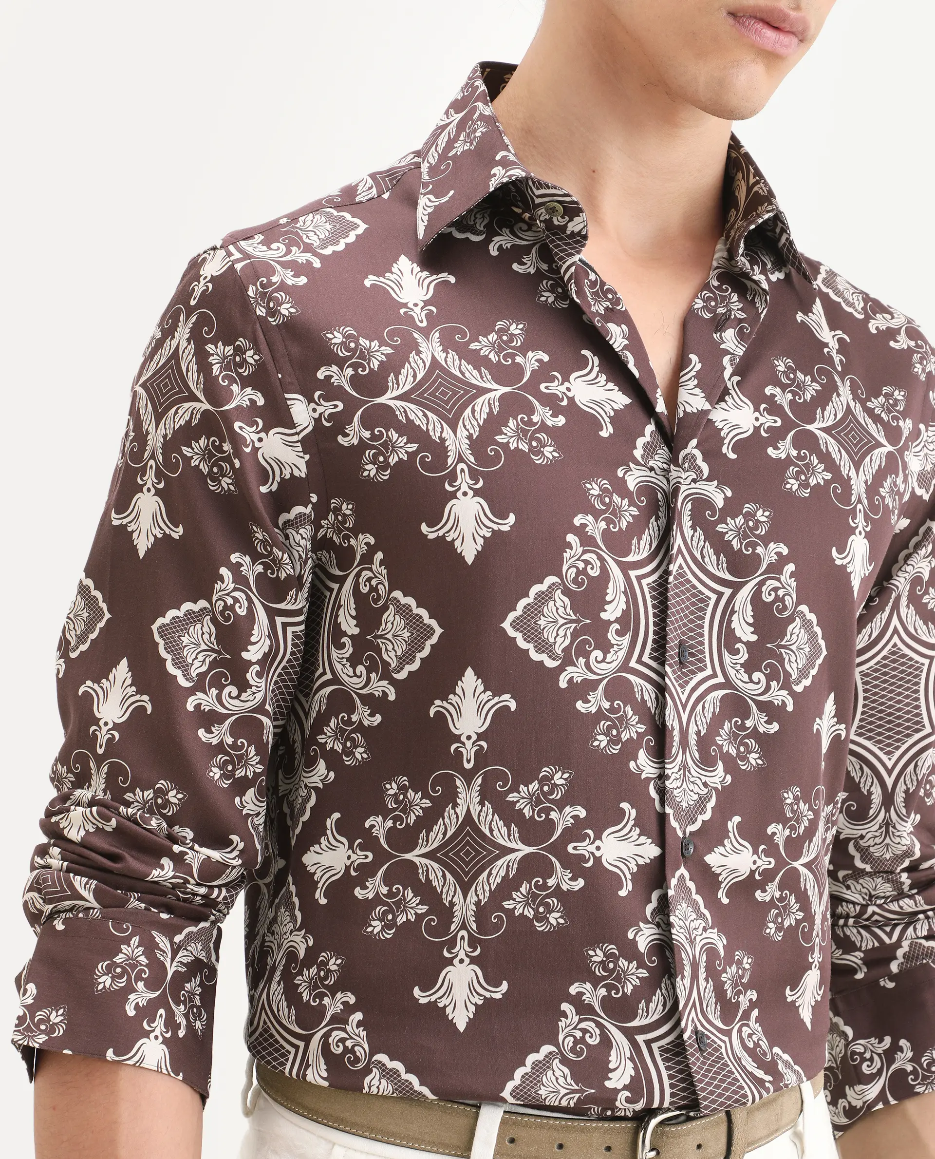 Rare Rabbit Men's Lagos Brown Cotton Blend Fabric Full Sleeve Regular Fit Ornate Print Shirt - Image 6