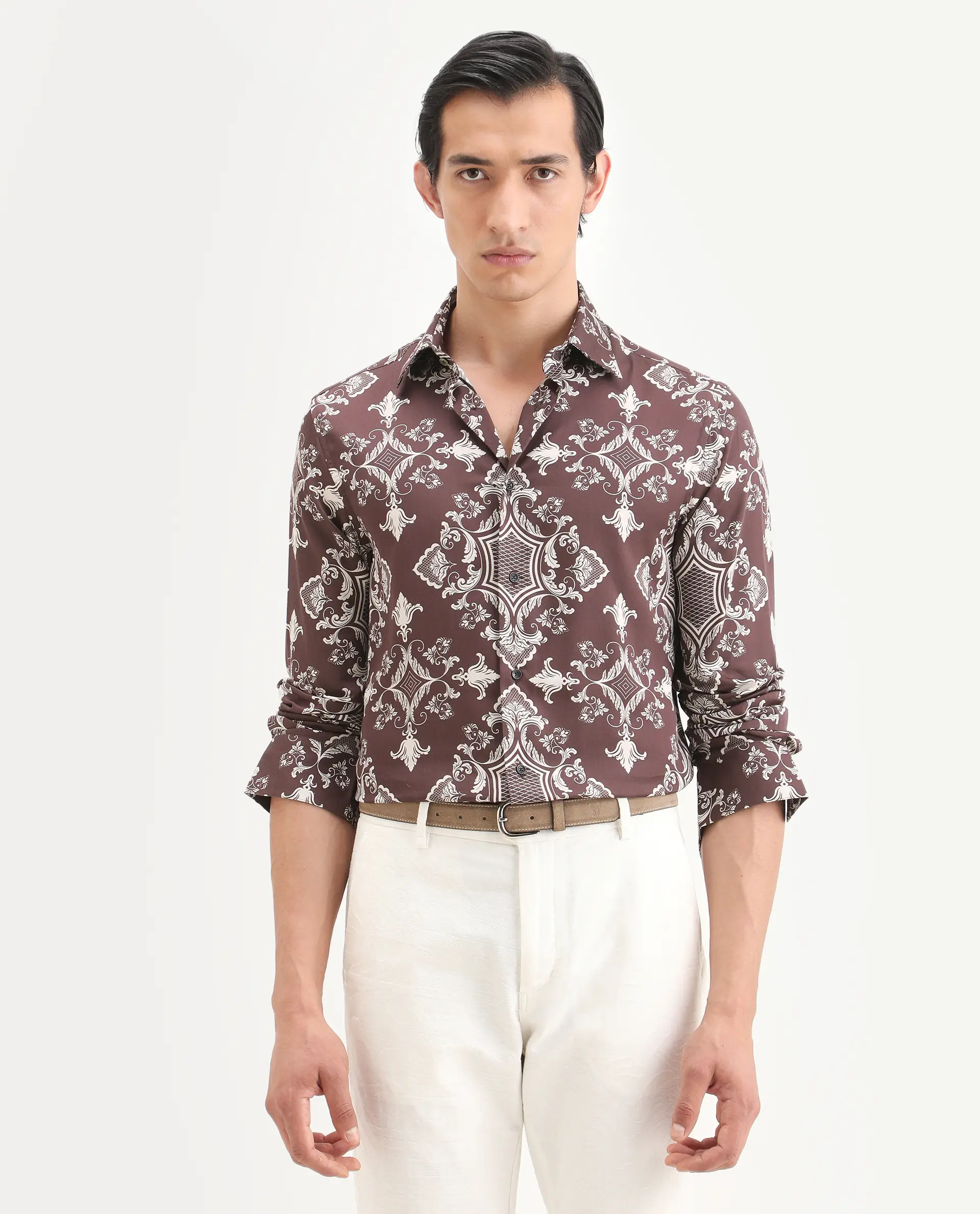 Rare Rabbit Men's Lagos Brown Cotton Blend Fabric Full Sleeve Regular Fit Ornate Print Shirt - Image 7