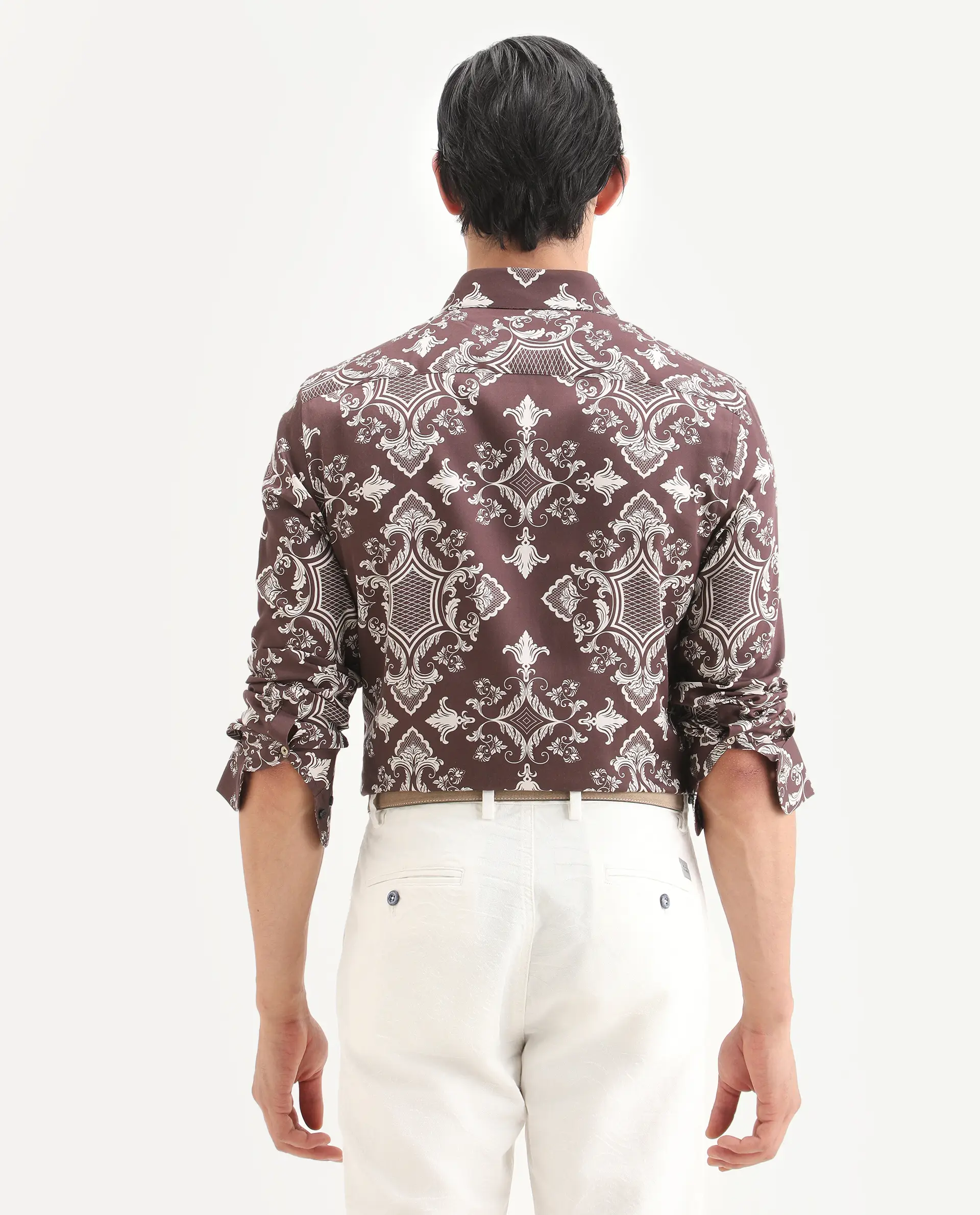 Rare Rabbit Men's Lagos Brown Cotton Blend Fabric Full Sleeve Regular Fit Ornate Print Shirt - Image 8