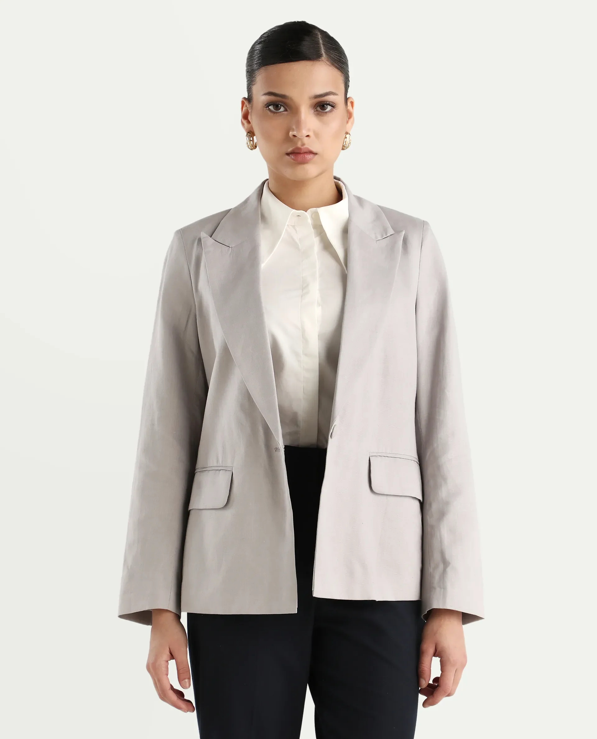 Rareism Women's Laika Grey Linen Lapel Neck Plain Regular Fit Blazer - Image 3