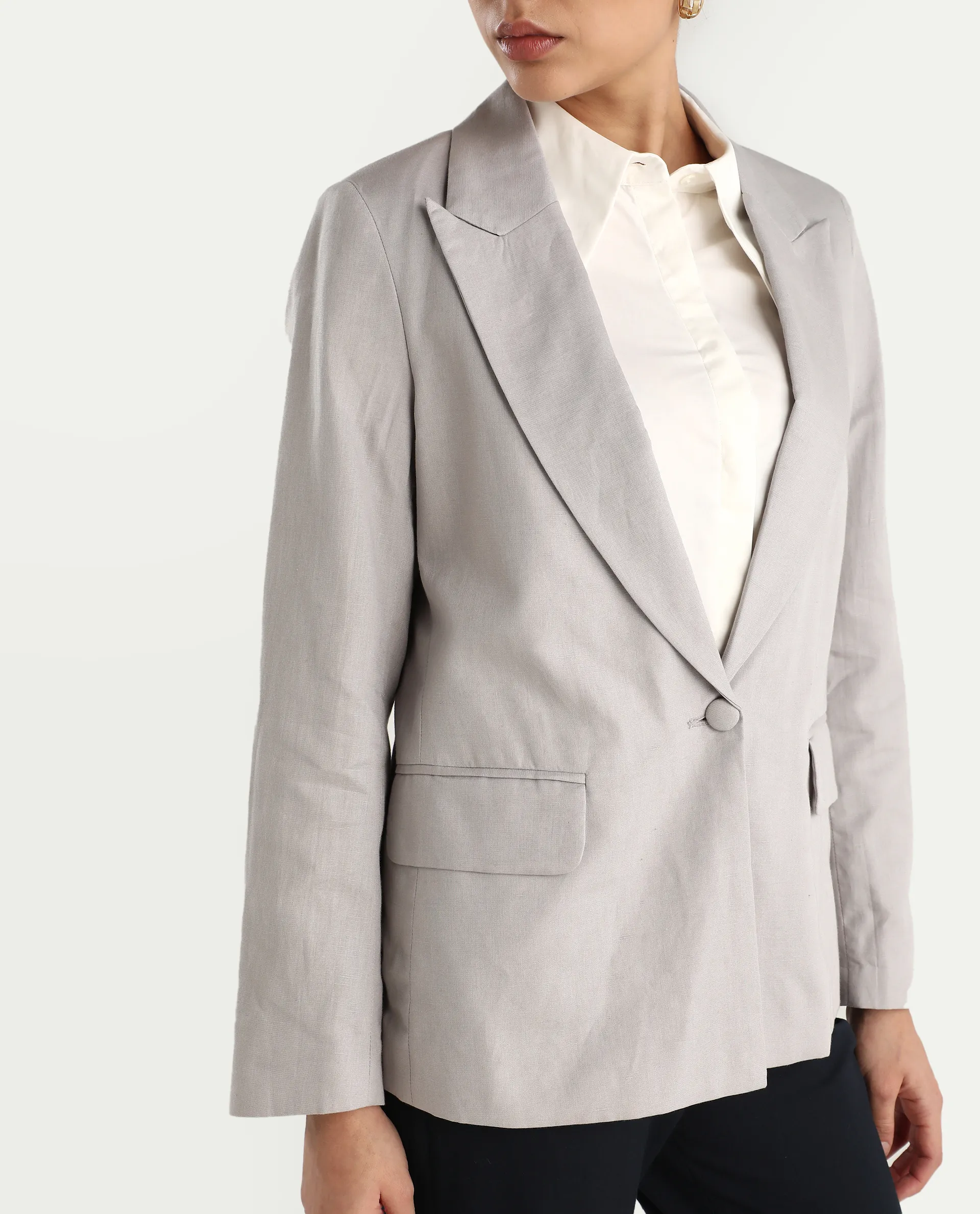 Rareism Women's Laika Grey Linen Lapel Neck Plain Regular Fit Blazer - Image 4