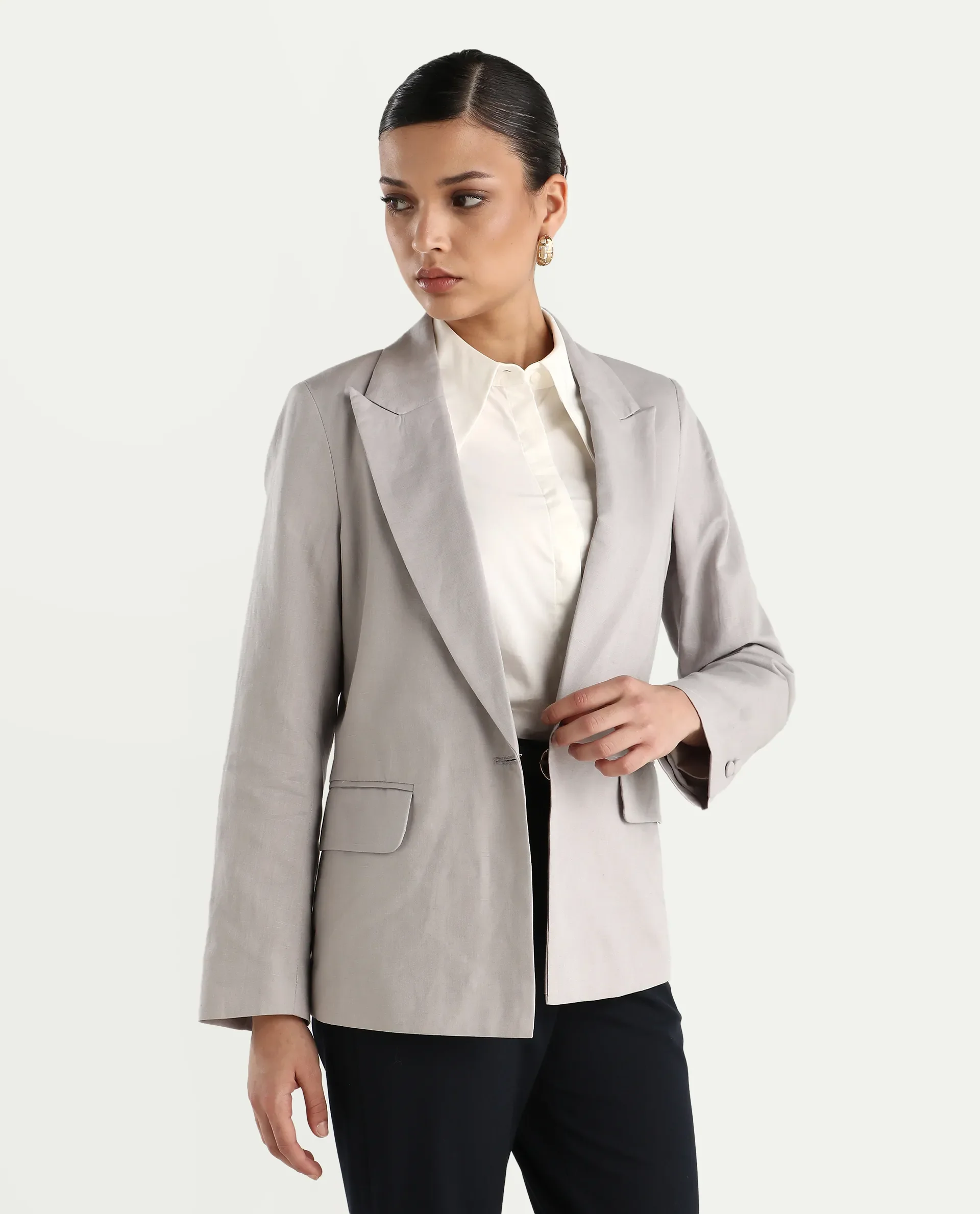 Rareism Women's Laika Grey Linen Lapel Neck Plain Regular Fit Blazer - Image 5