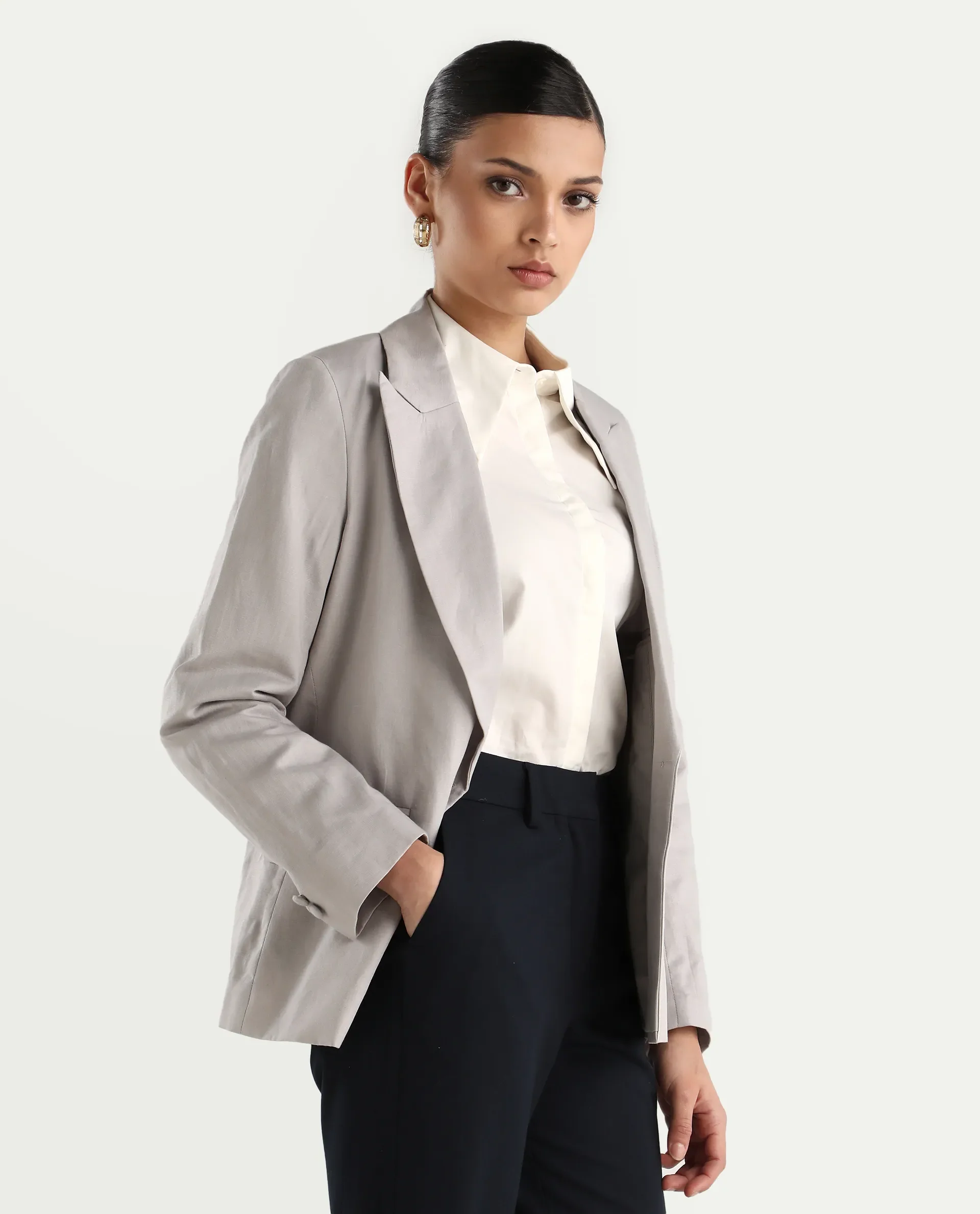 Rareism Women's Laika Grey Linen Lapel Neck Plain Regular Fit Blazer - Image 6
