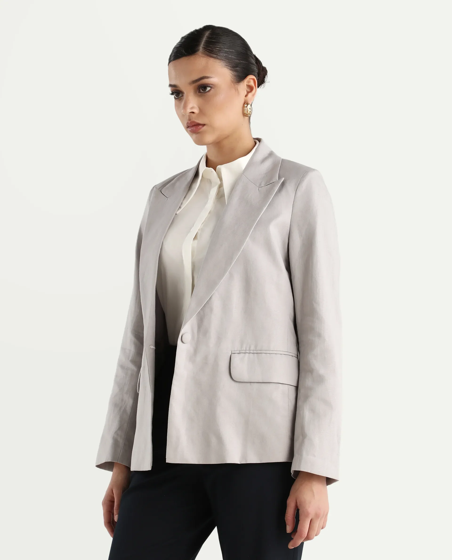 Rareism Women's Laika Grey Linen Lapel Neck Plain Regular Fit Blazer - Image 7