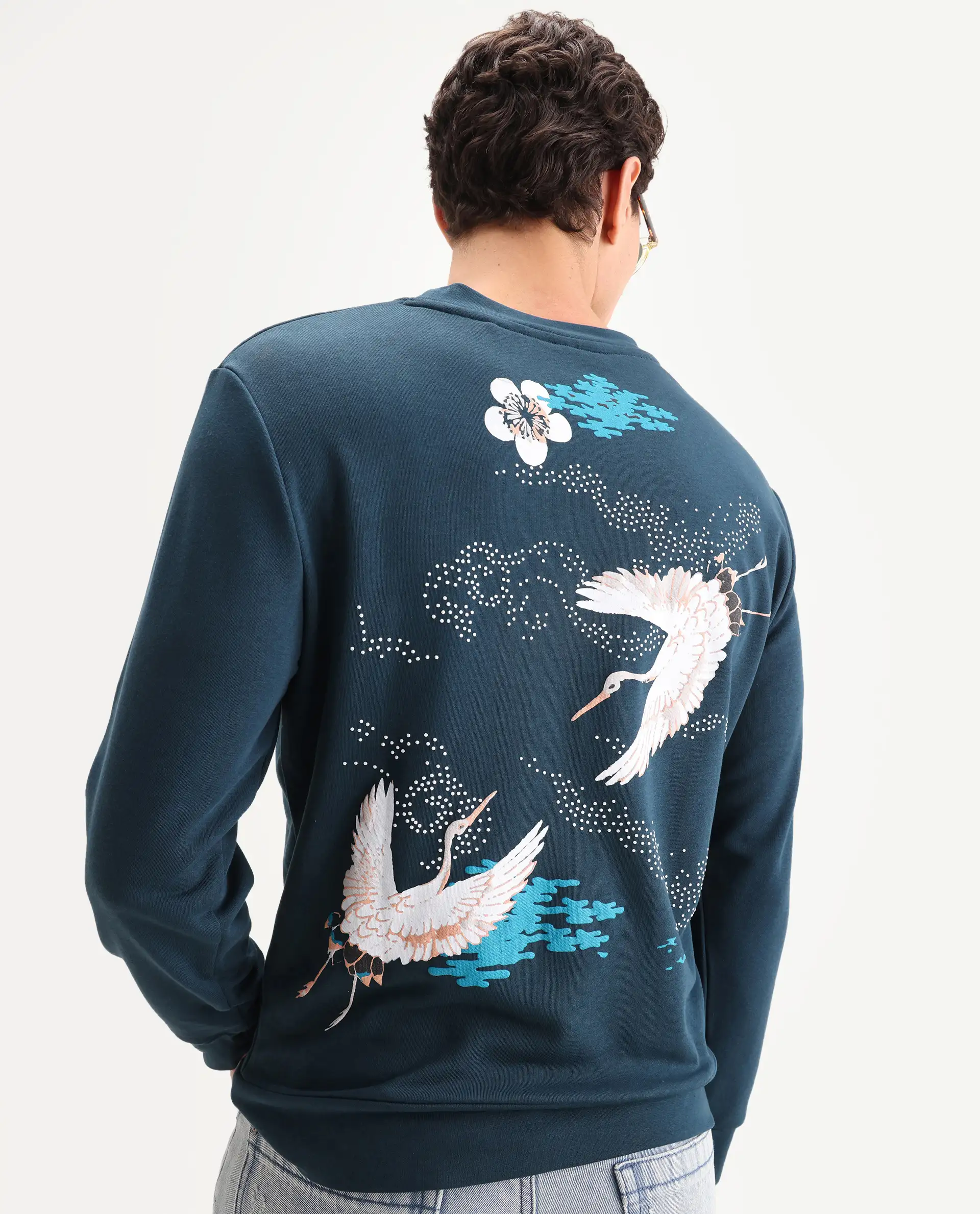Rare Rabbit Men's Lain Petrol Cotton Animal Print Boxy Fit Full Sleeve Crew Neck Sweatshirt