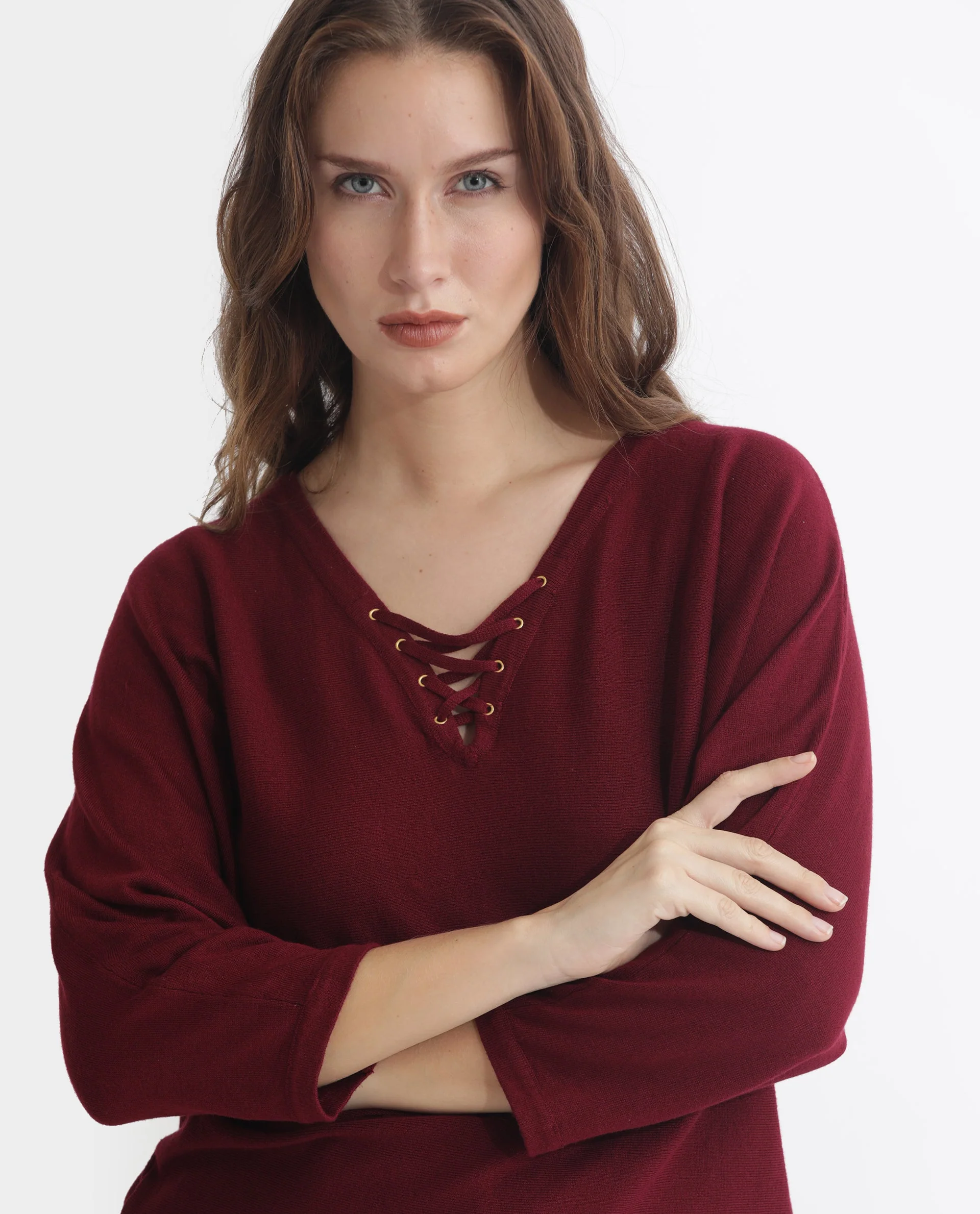 Rareism Women's Laine Maroon Viscose V-Neck Plain Kimono Sleeve Regular Fit Top - Image 2