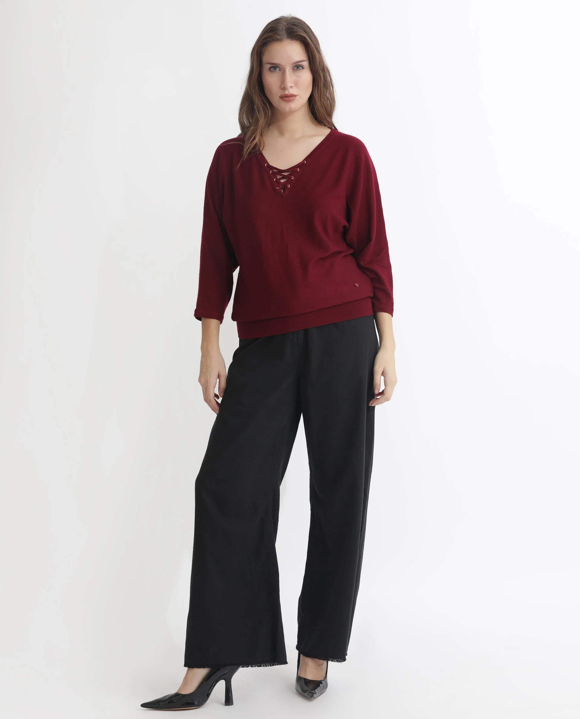 Rareism Women's Laine Maroon Viscose V-Neck Plain Kimono Sleeve Regular Fit Top - Image 3