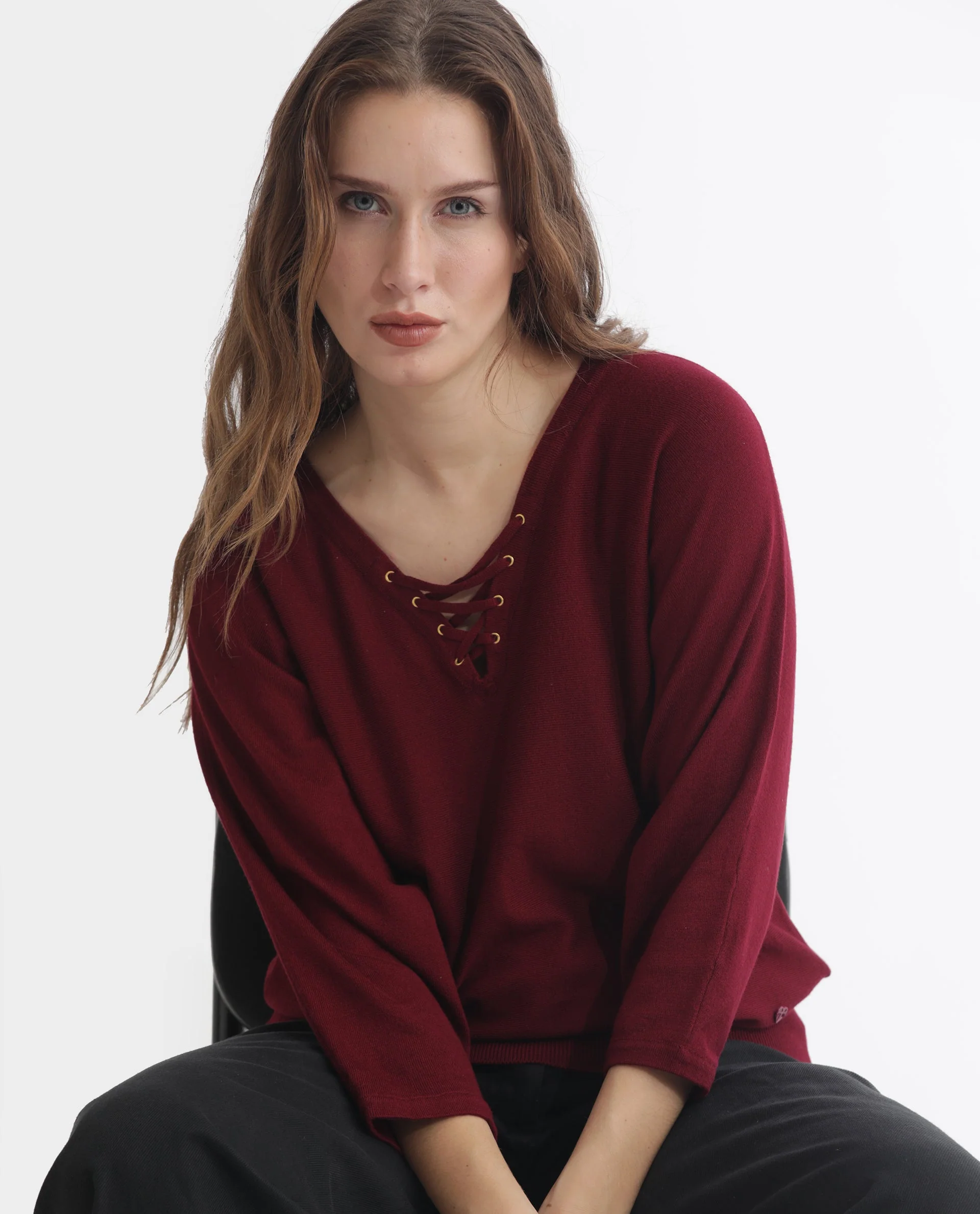 Rareism Women's Laine Maroon Viscose V-Neck Plain Kimono Sleeve Regular Fit Top - Image 6