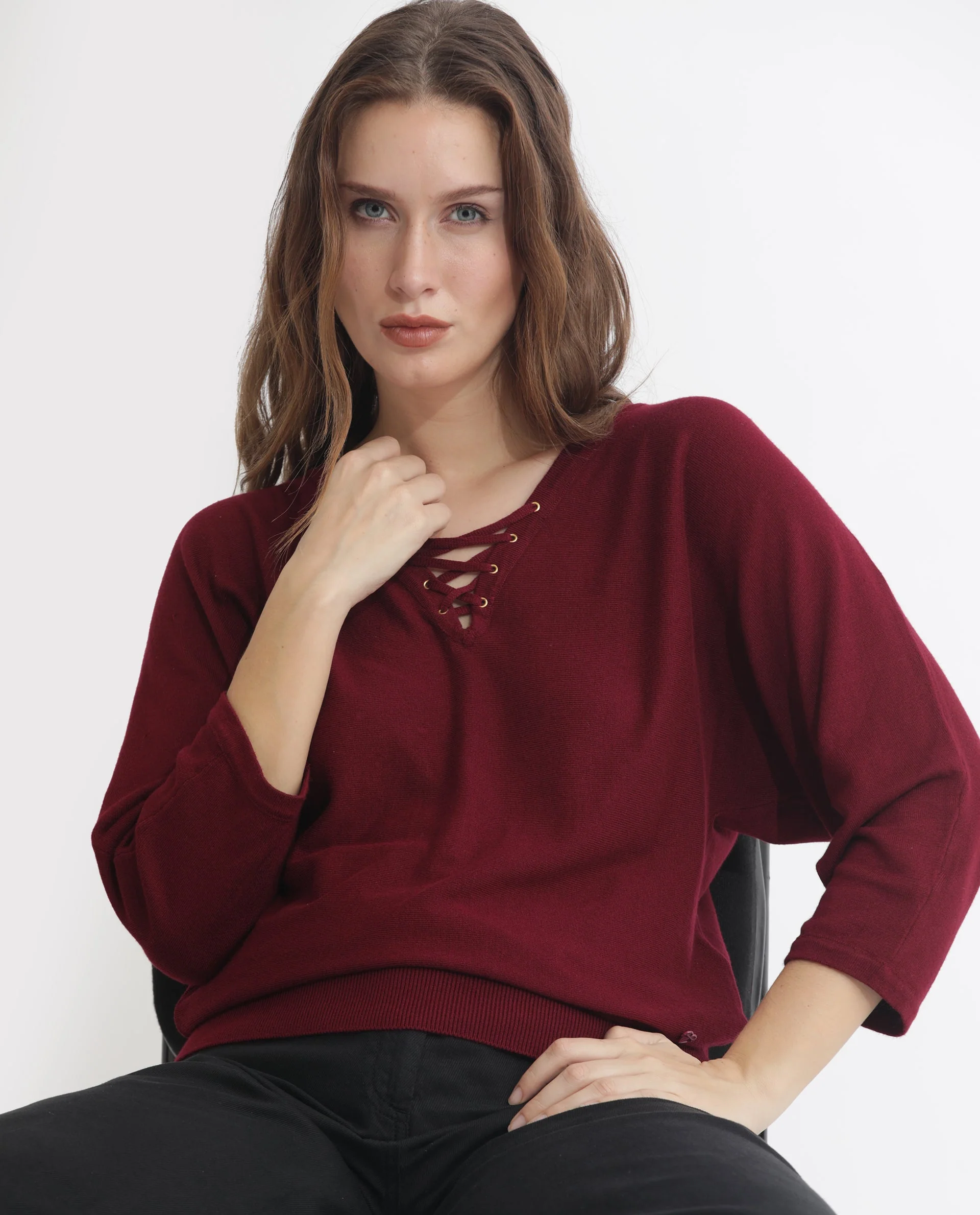 Rareism Women's Laine Maroon Viscose V-Neck Plain Kimono Sleeve Regular Fit Top - Image 7