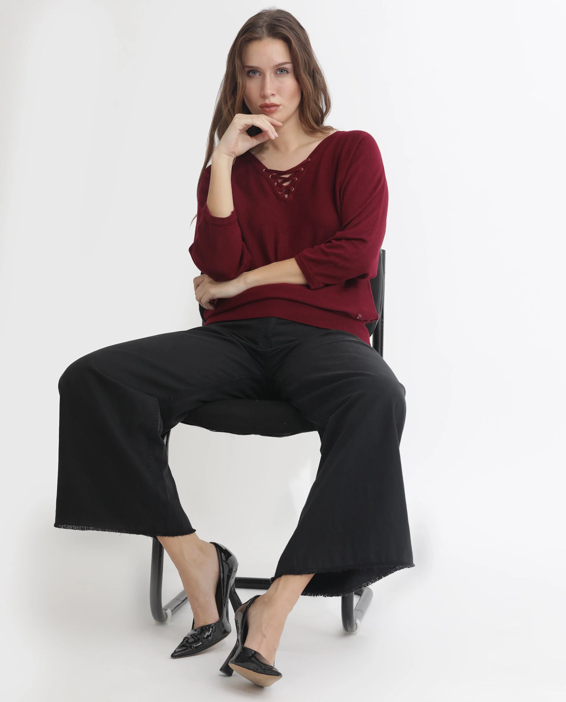 Rareism Women's Laine Maroon Viscose V-Neck Plain Kimono Sleeve Regular Fit Top - Image 8