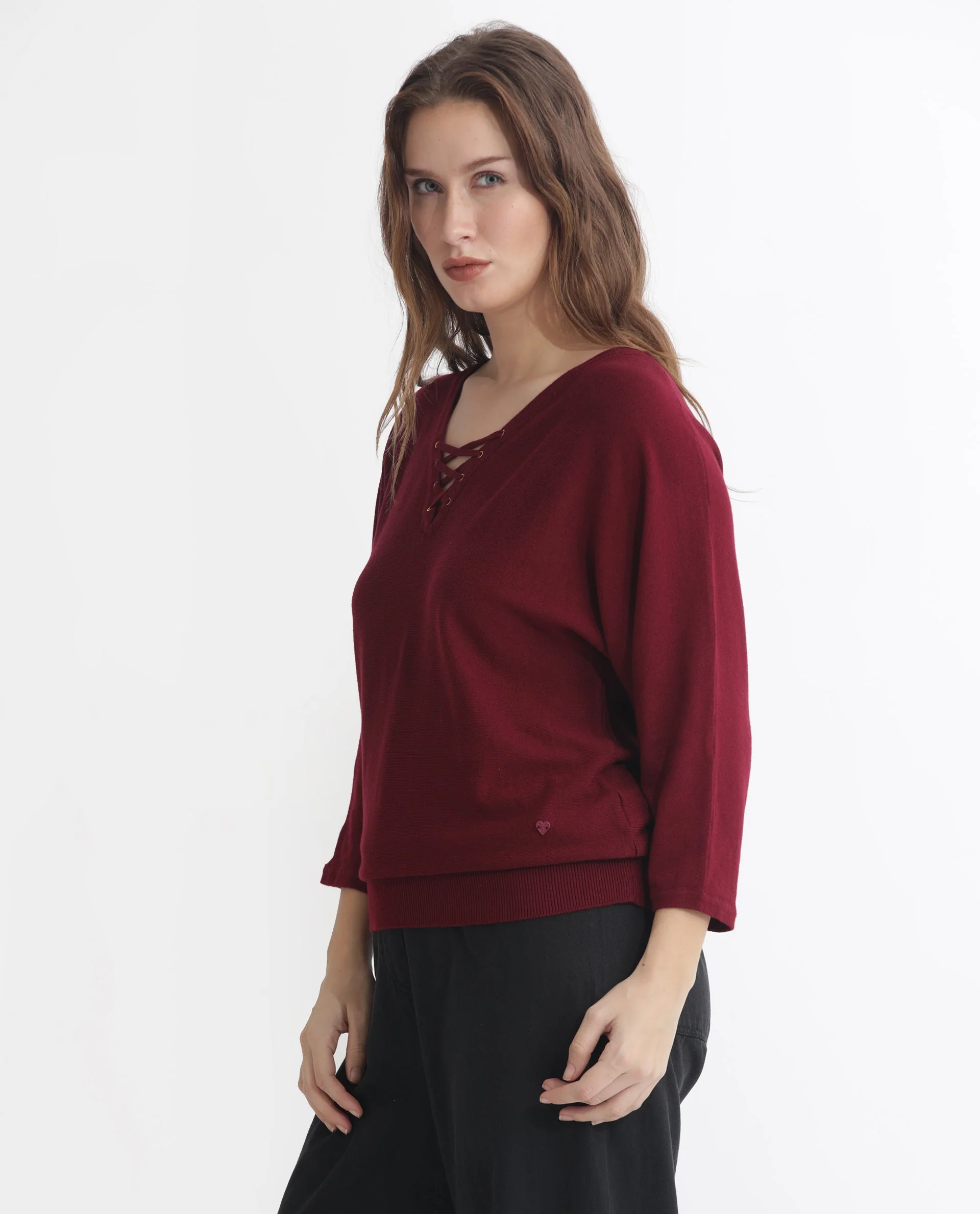 Rareism Women's Laine Maroon Viscose V-Neck Plain Kimono Sleeve Regular Fit Top - Image 9
